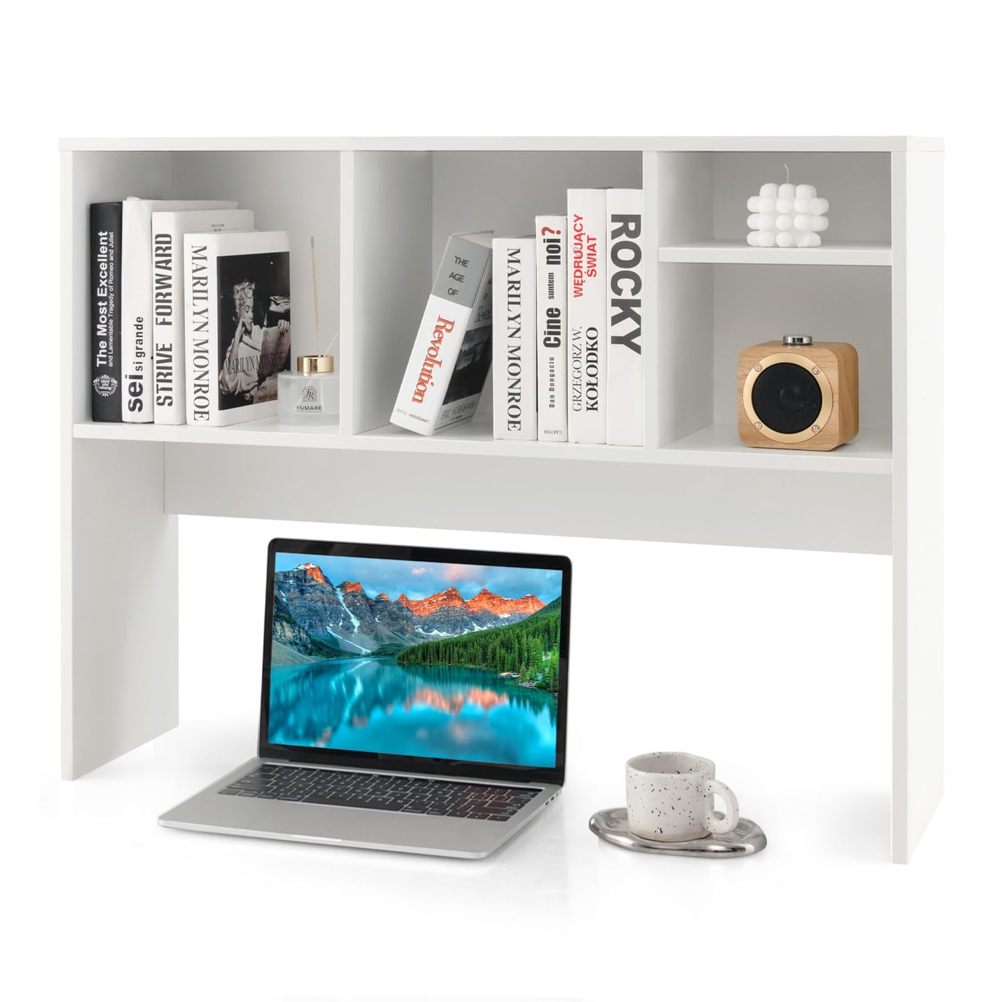 Tangkula Desktop Bookshelf, Countertop Storage Hutch with 4 Shelves for Computer Desk, Desktop 2-Tier Display Rack, Multipurpose Wood Desktop Hutch Storage Organizer for Dorm Office Home (White)