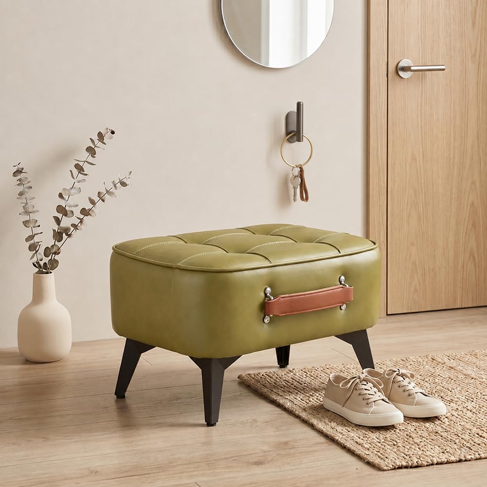 Vintage Style Faux Leather Ottoman Footstool - Wooden Frame, Upholstered Interior, Multi-Use Footrest for Living Room, Entryway, Office (Azure Green)