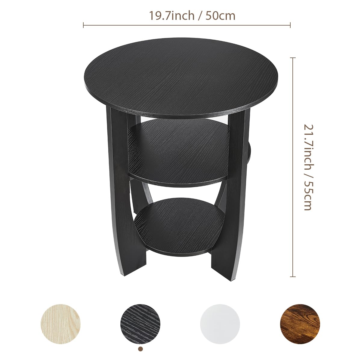 ZEXVIDA Round Side Table, 3-Tier End Table with Storage, 19.7 inch Black Accent Table,Nightstand for Bedroom Living Room, Modern Design for Couch, Sofa, Recliner, Small Space