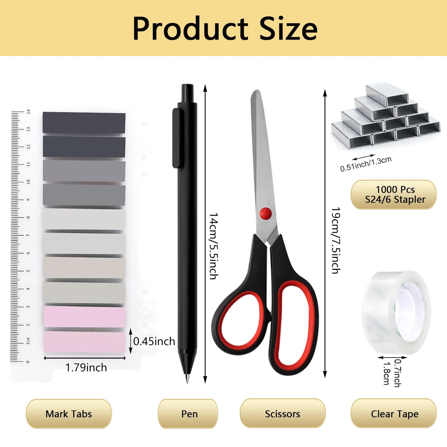 Office Supplies,Black Desk Accessories,Office Supplies Set,Stapler and Tape Dispenser Set,Scissors,Staple Remover,Binder Clips,Staples,Ballpoint Pen,Index Tabs with Ruler,Clear Tape.9pcs for Office