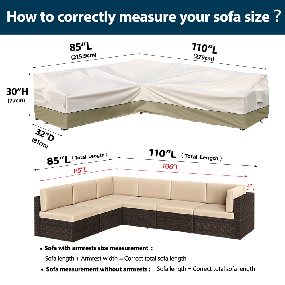 Westblue Outdoor Sectional Cover-L-Shaped Sofa Patio Furniture Covers Waterproof Rip-Stop Anti-UV 600D Heavy Duty Outdoor Couch Cover with 3 Air Vent, 85''L (110''L)32''D 31''H, Light Green