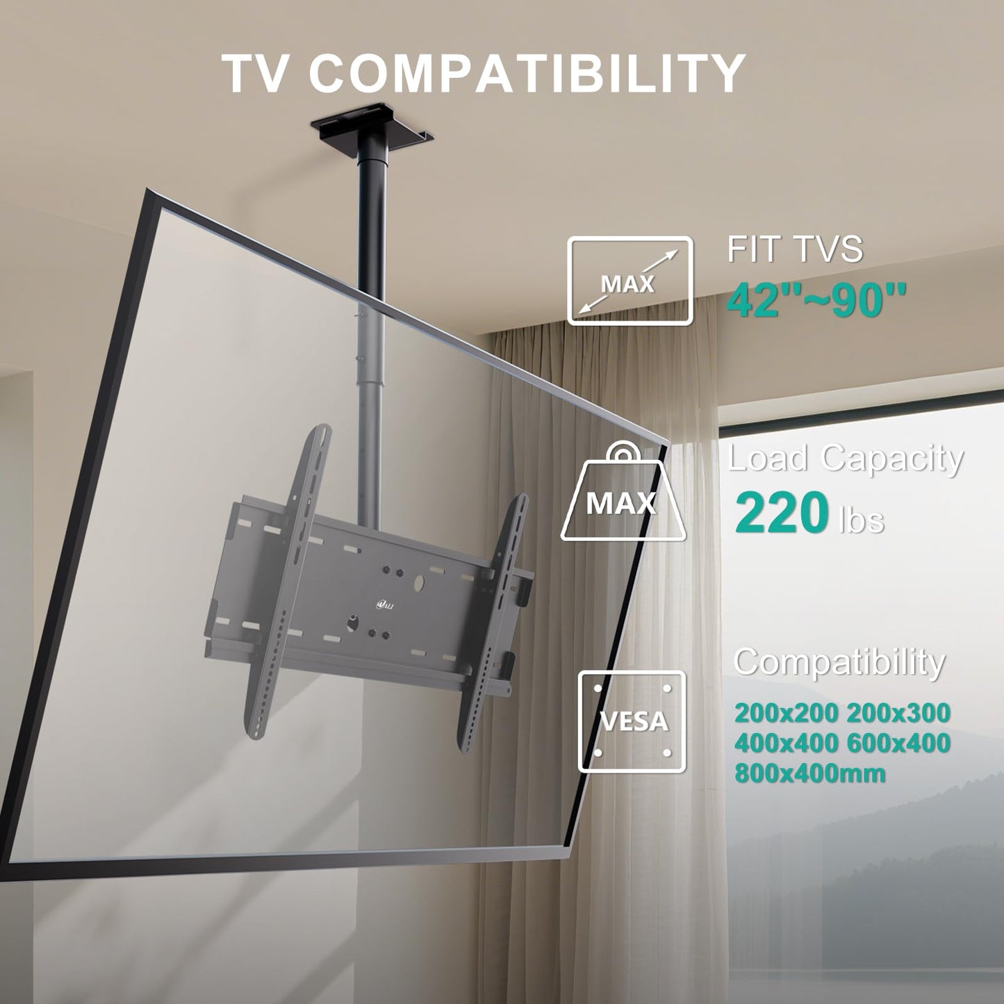 WALI Ceiling TV Mount for 42-90 inch, Hanging Adjustable TV Ceiling Mount Bracket Fits Most LED, LCD, OLED 4K TVs, Holds up to 220lbs, Max Mounting Holes 800x400mm (CM4290), Black