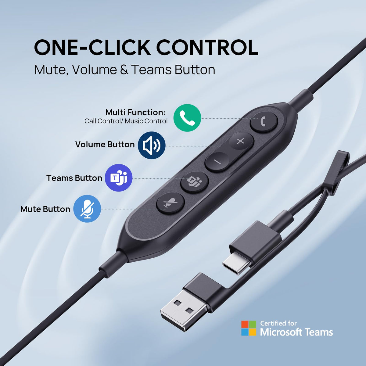 Yealink UH46 USB Headset with Mic, Wired Headset with 3 Noise Cancelling Microphones for PC/Computer/Laptop, Teams Certified, in Line Controls for Home Office Online Meetings, Plug & Play USB-C/A