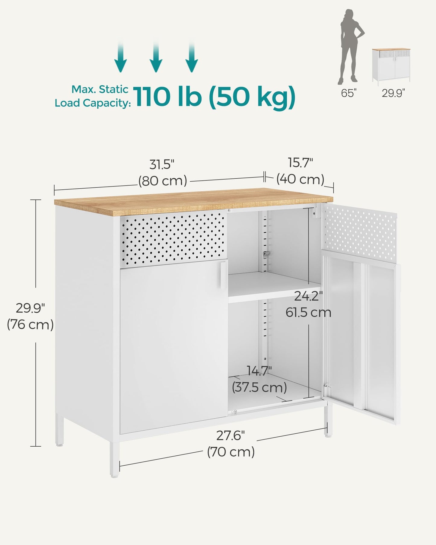 SONGMICS Storage Cabinet, Metal Cabinet, Sideboard with 2 Doors, 15.7 x 31.5 x 29.9 Inches, Magnetic Closure, Adjustable Shelf, Steel Frame, Natural Beige and White ULSC102W57