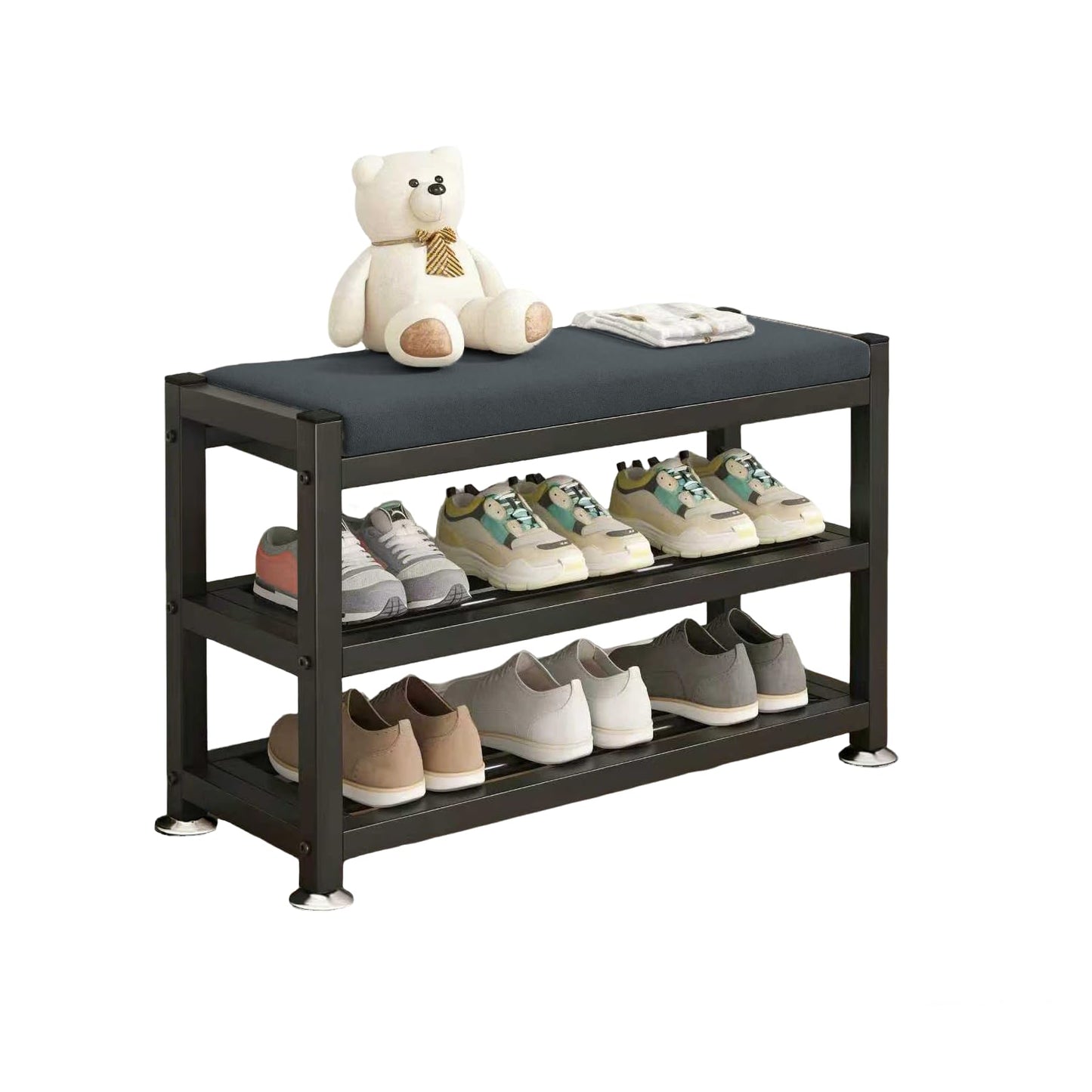PQSQRJU 2-Tier Shoe Bench with Padded Cushion, 12-Pair Entryway Storage with Sturdy Metal Frame, Space-Saving Shoe Rack with Seat, Gray, 31.9x12x19.3 Inches
