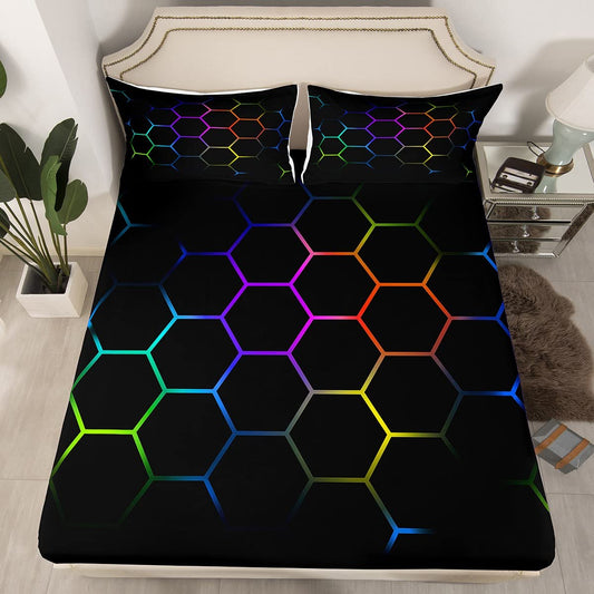 Boys Cartoon Honeycomb Bed Sheet Set Geometric Hexagon Bedding Sheets Kids Teens Colorful Grid Art Decor Bedding Fitted Sheet Purple Orange Yellow Black Bed Cover Bedroom Collection 3Pcs Queen Size