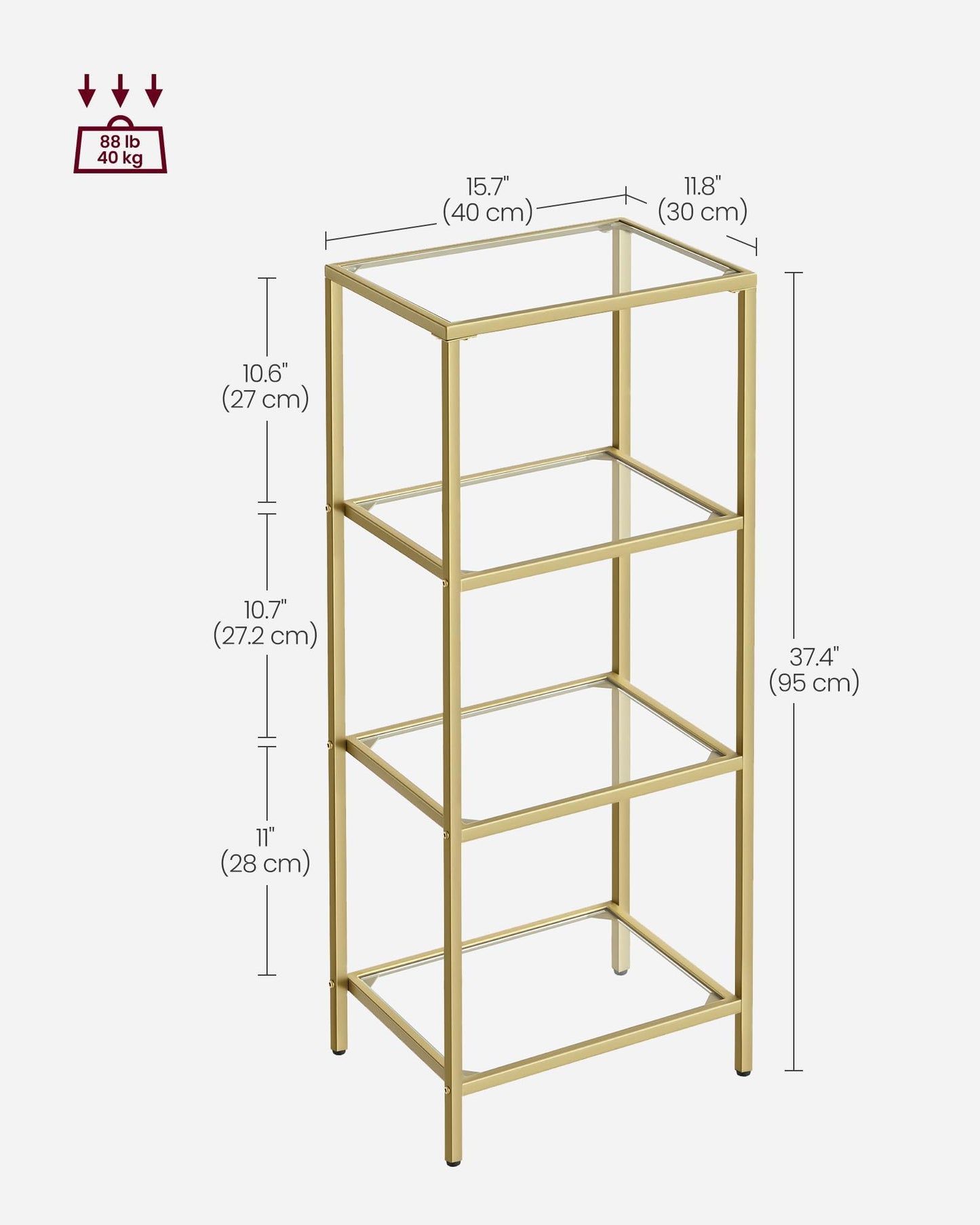 VASAGLE Bookcase, 4-Tier Bookshelf, Slim Shelving Unit for Bedroom, Bathroom, Home Office, Tempered Glass, Steel Frame, Metallic Gold ULGT28G