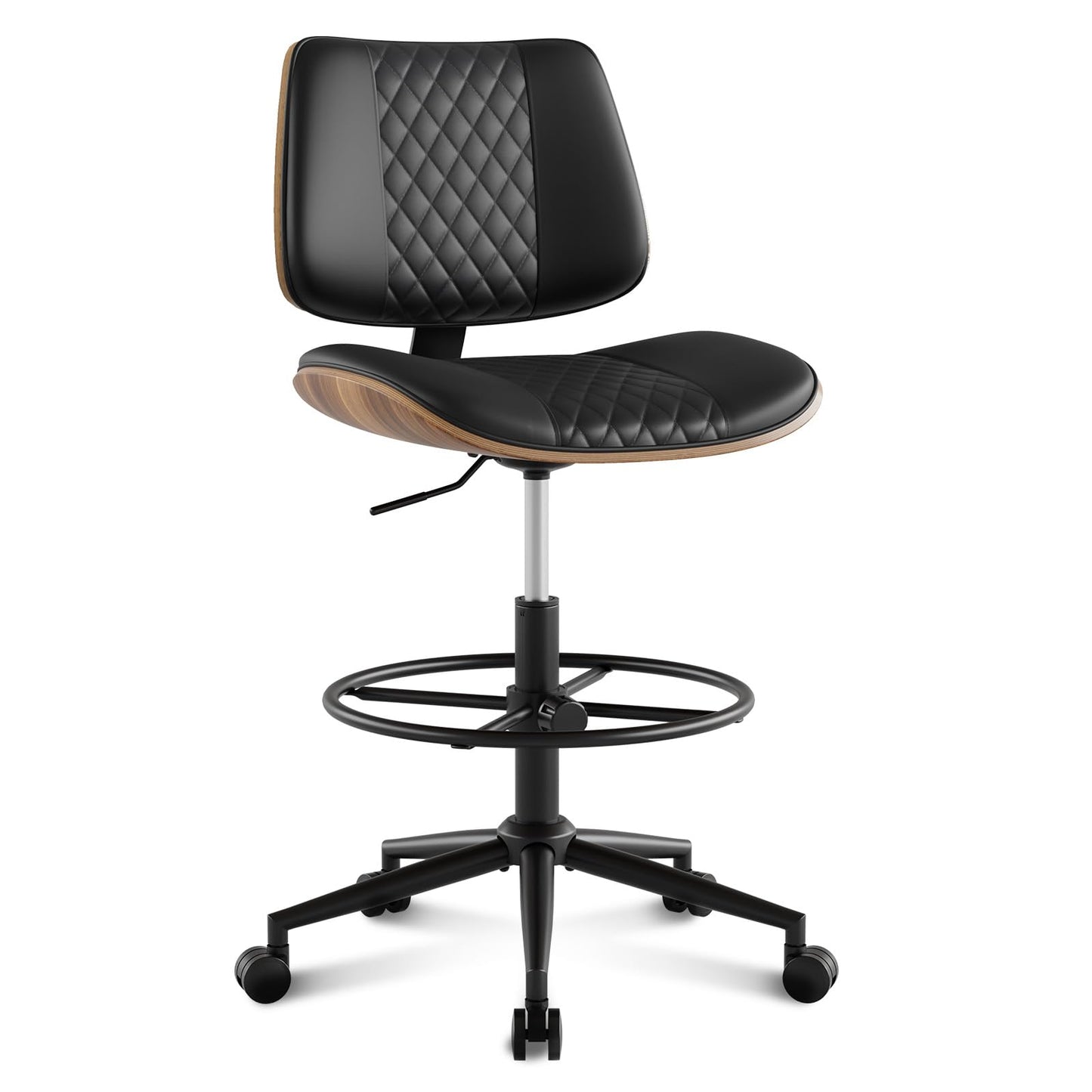 BERYTH Drafting Chair with Adjustable Footrest, Armless Modern Tall Office Chair for Standing Desk, PU Leather Swivel Stool in Curved Bentwood Style, Ergonomic Rolling Walnut Chair for Office(Black)