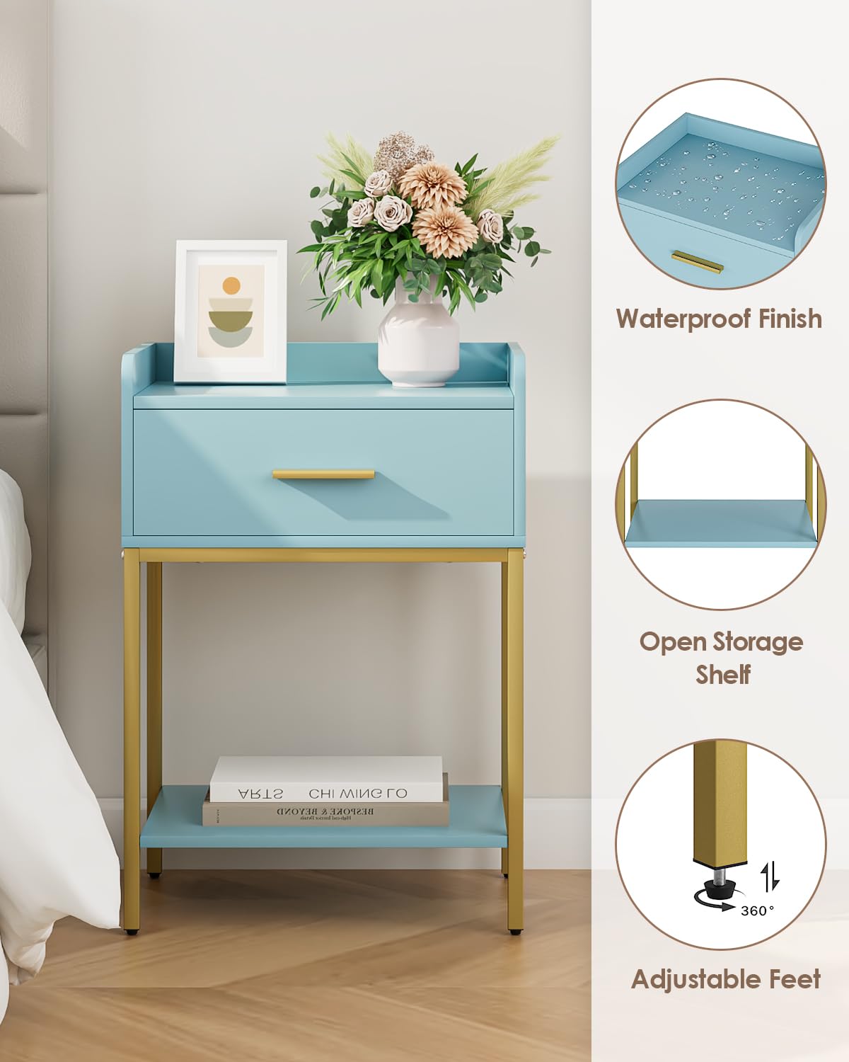 Apetaccat Nightstand,Modern Bedside Table Night Stand with Storage Drawer and Open Shelf,Small End Side Table for Bedroom,Living Room,Blue