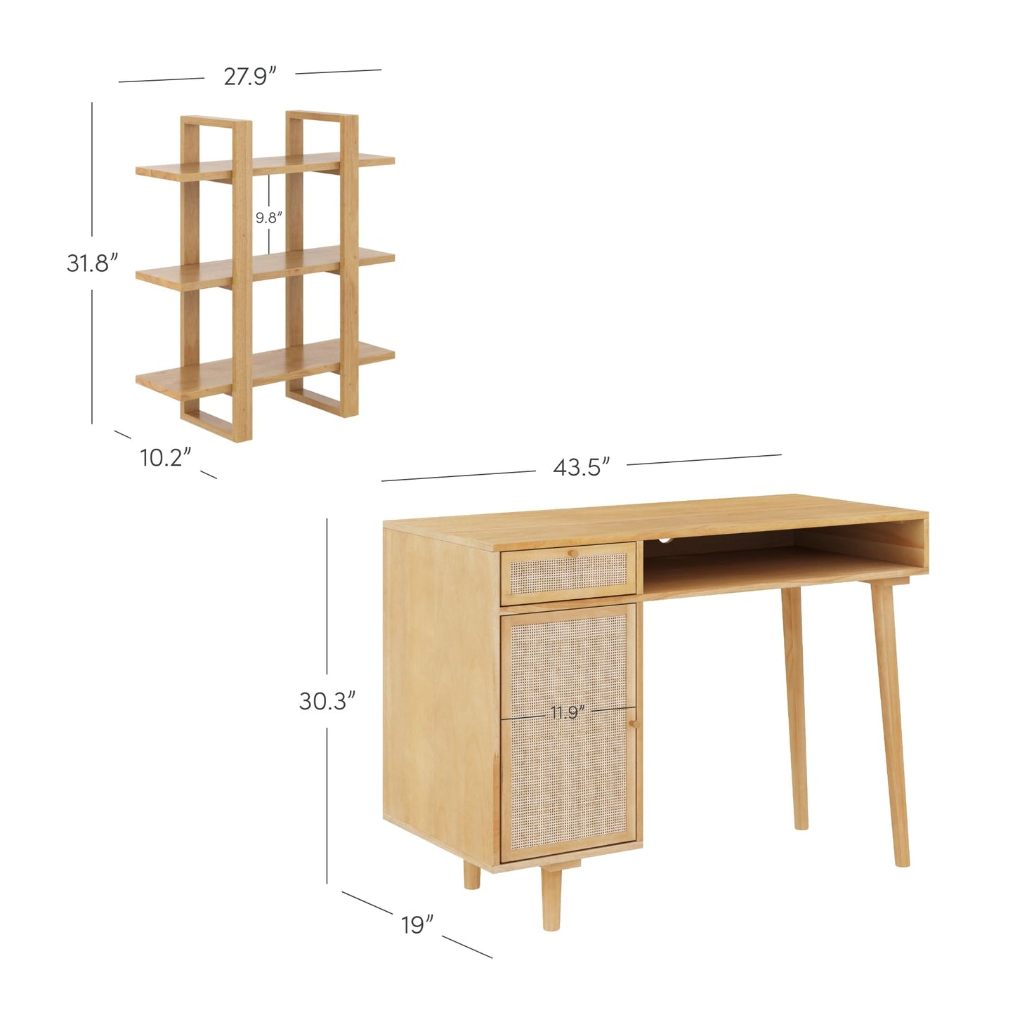Nathan James Aaron Desk Wall Unit, Desk and Bookshelf Set, Boho Desk and Wall Mount Bookcase Set with Rattan Webbing, Warm Pine