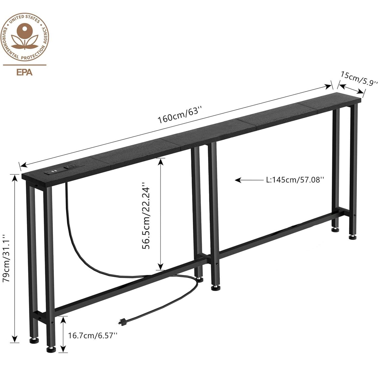 Keelian 63" Sofa Table Narrow Long - 2 Power Outlets & 4 USB Ports, Metal Frame,Behind Couch Table Behind Sofa for Living Room, Hallway, Entrance- Easy Assembly, 4.9' Extension Cord Included.