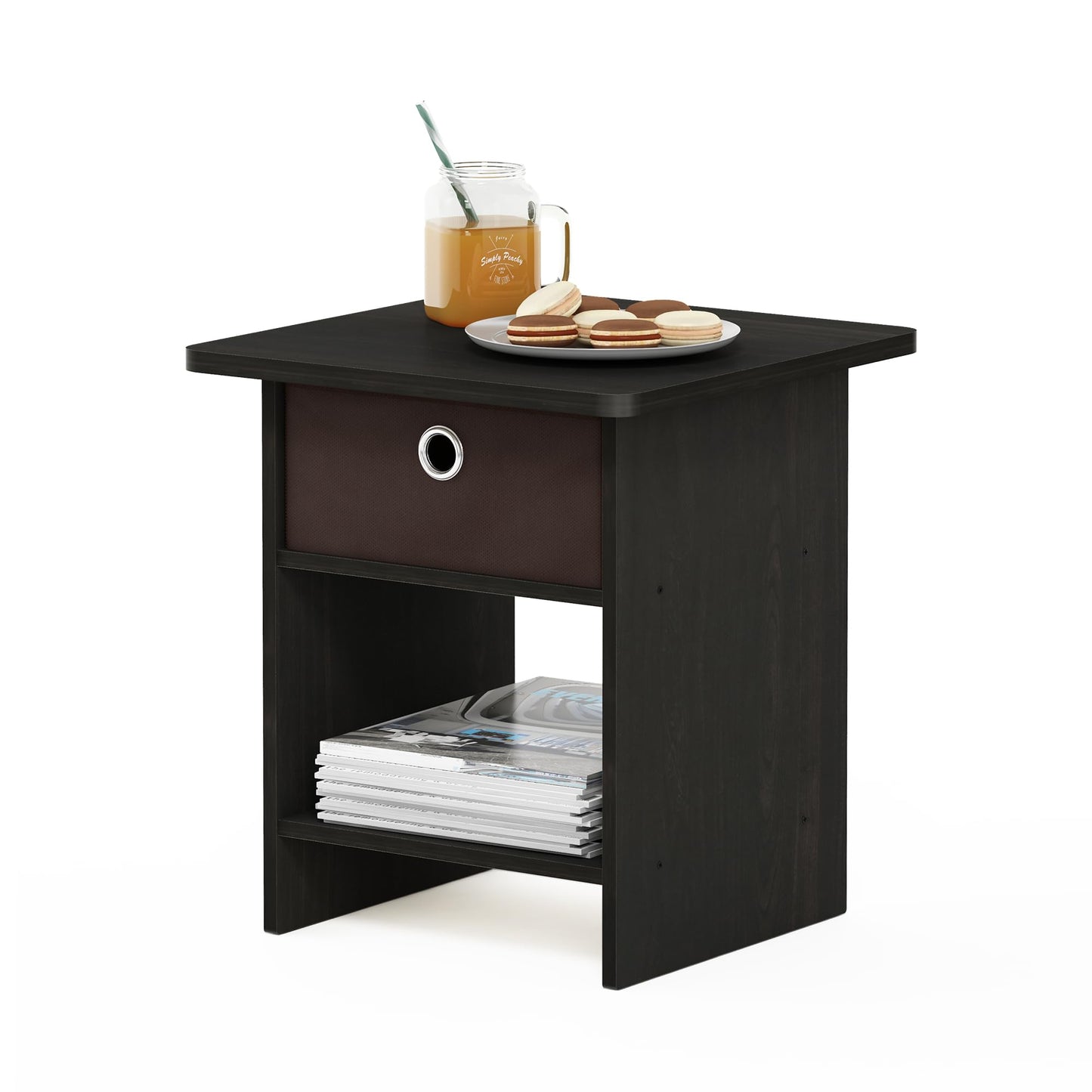 Furinno DARIO Side Table, Square End Table with Storage Bin, Round Corner Night Stand, Bedside Table with Open Back Shelf, for Living Room, Bedroom, Espresso