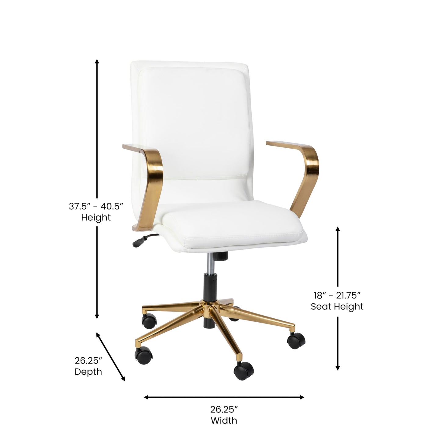 Flash Furniture James Mid-Back Designer Executive Office Chair - White LeatherSoft Upholstery - Brushed Gold Base and Arms - Height Adjustable 360° Swivel Seat