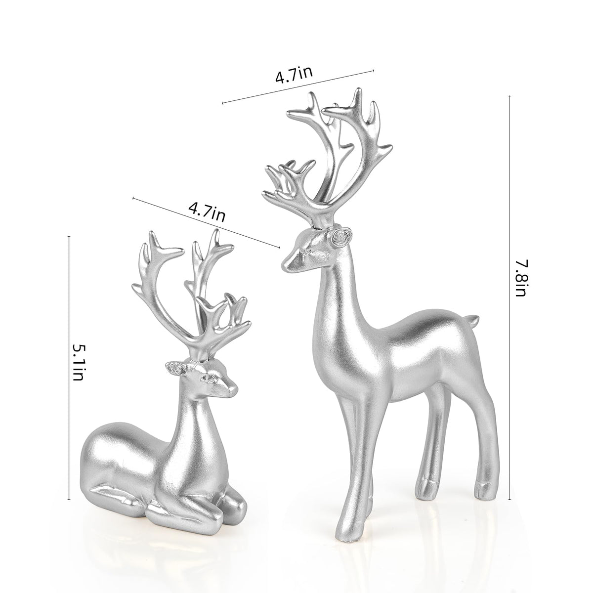 Bonlting 2 Pcs Christmas Reindeer Sculpture, Resin Elk Statues Deer Decorations for Home, Office, Bookshelf TV Stand, Living Room (Silver)