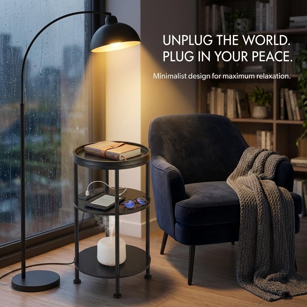 ZEXVIDA Small Round Side Table with Charging Station for Small Spaces, 3-Tier Accent Table with USB Ports & Power Outlets, Sofa Corner Tea Table for Living Room Nightstand Bedroom Apartment (Black)