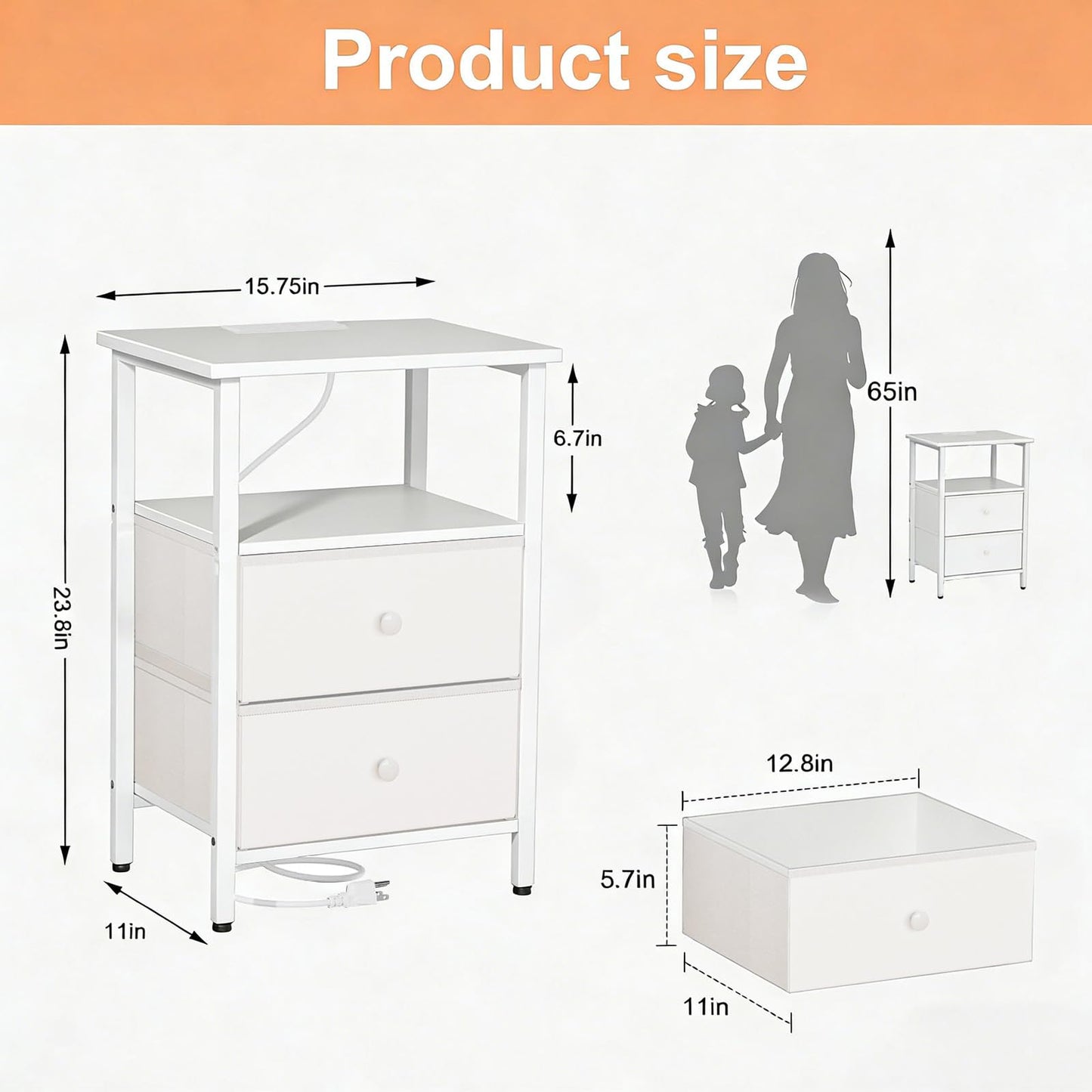 Smoproper Nightstand with Charging Station, Bedside End Table with 2 Fabric Drawers for Bedroom, Side Table with USB Ports and Outlets (White)