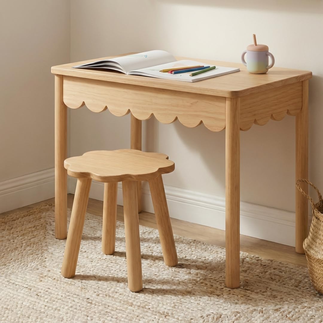CAALMA Kids Table and Chair Set (Ages 3–7), Solid Wood with Lift-Top Hidden Storage - Montessori Table and Chair Set with Scalloped Design, Easy-Clean Surface & Gold Hardware