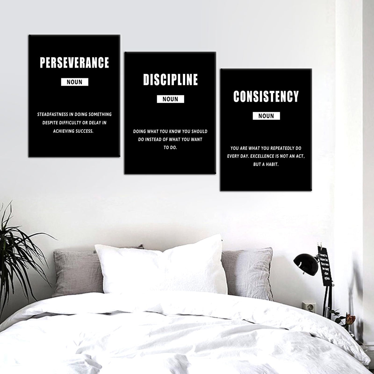 PSYYSP 3 Piece Canvas Wall Art Perseverance Discipline Consistency Posters, Black White Motivational Triptych Wall Decor for Office, Bedroom, Dorm, Framed Canvas 36x16inch