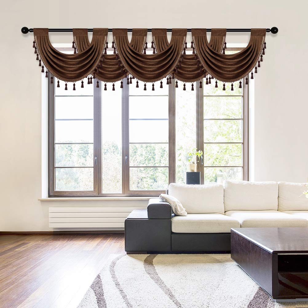 ELKCA Thick Chenille Waterfall Swag Valances for Living Room Chocolate Valance Curtains for Kitchen, Pack of 4(Chocolate, 30" W x 22" L)