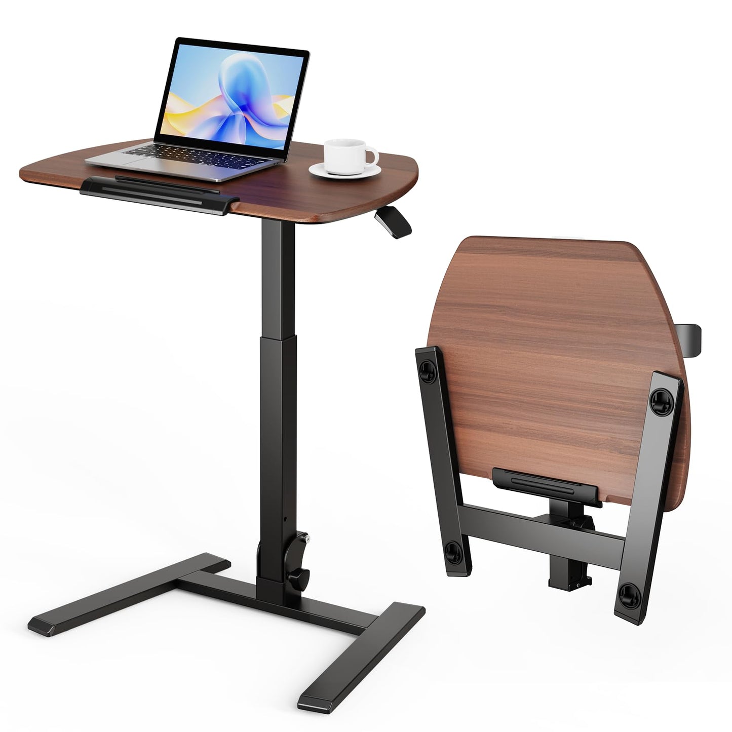 ROMOON Folding Portable Standing Desk with Wheels, No-Assembly Rolling Height-Adjustable Sit-Stand Table, Space-Saving Foldable Laptop Cart for Home Office and Computer Workstation (Walnut)