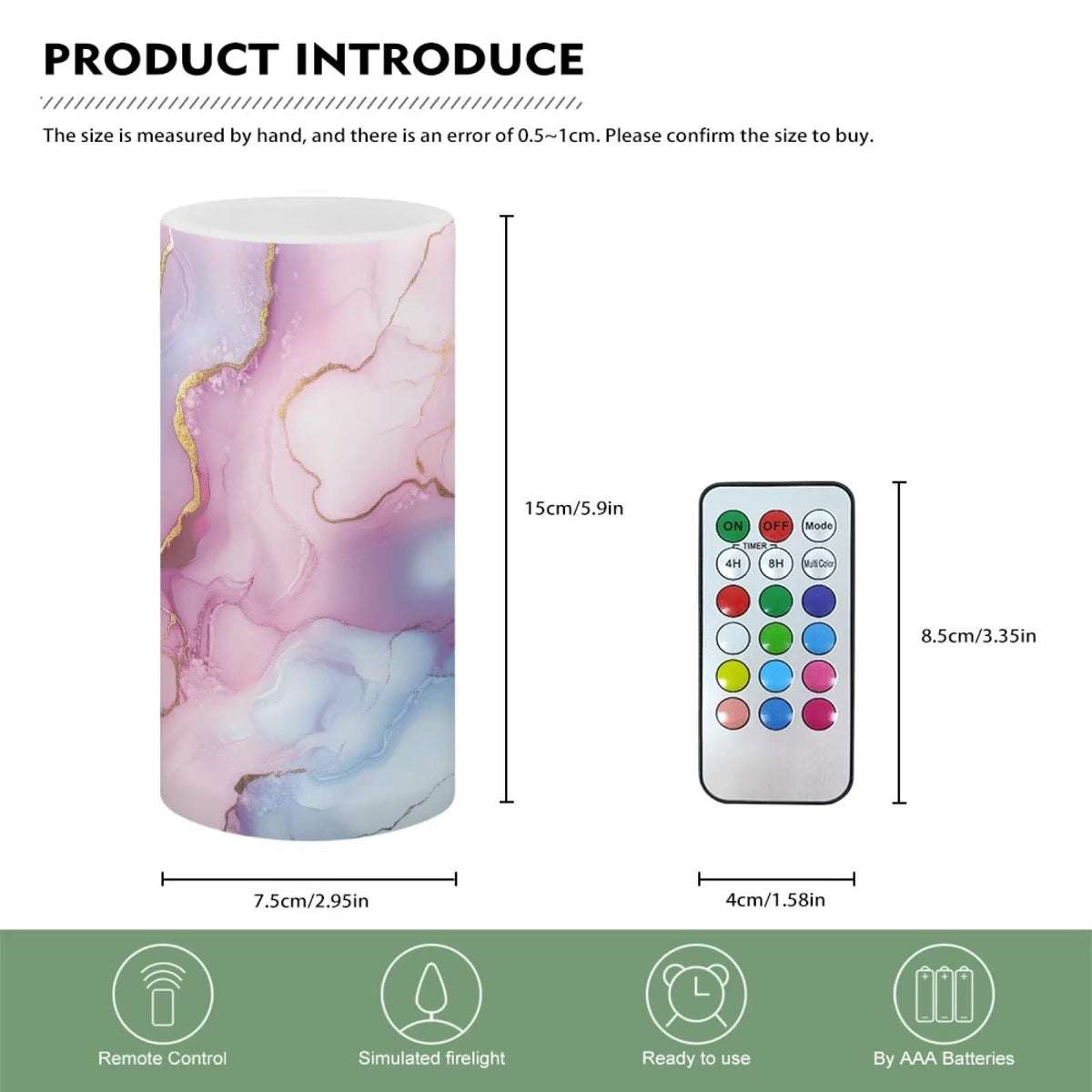 Merkmak 1 Pack Pink Blue Marble Flickering Flameless Candles Battery Operated with Remote and Timer LED Pillar Candles Bulk for Camping, Weddings, Lanterns, Home Decoration