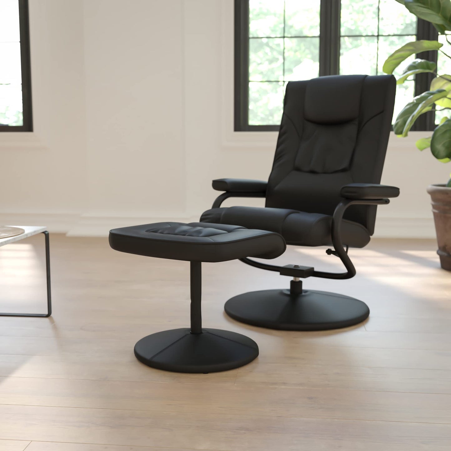 Offex Contemporary Black Leather Recliner and Ottoman with Leather Wrapped Base