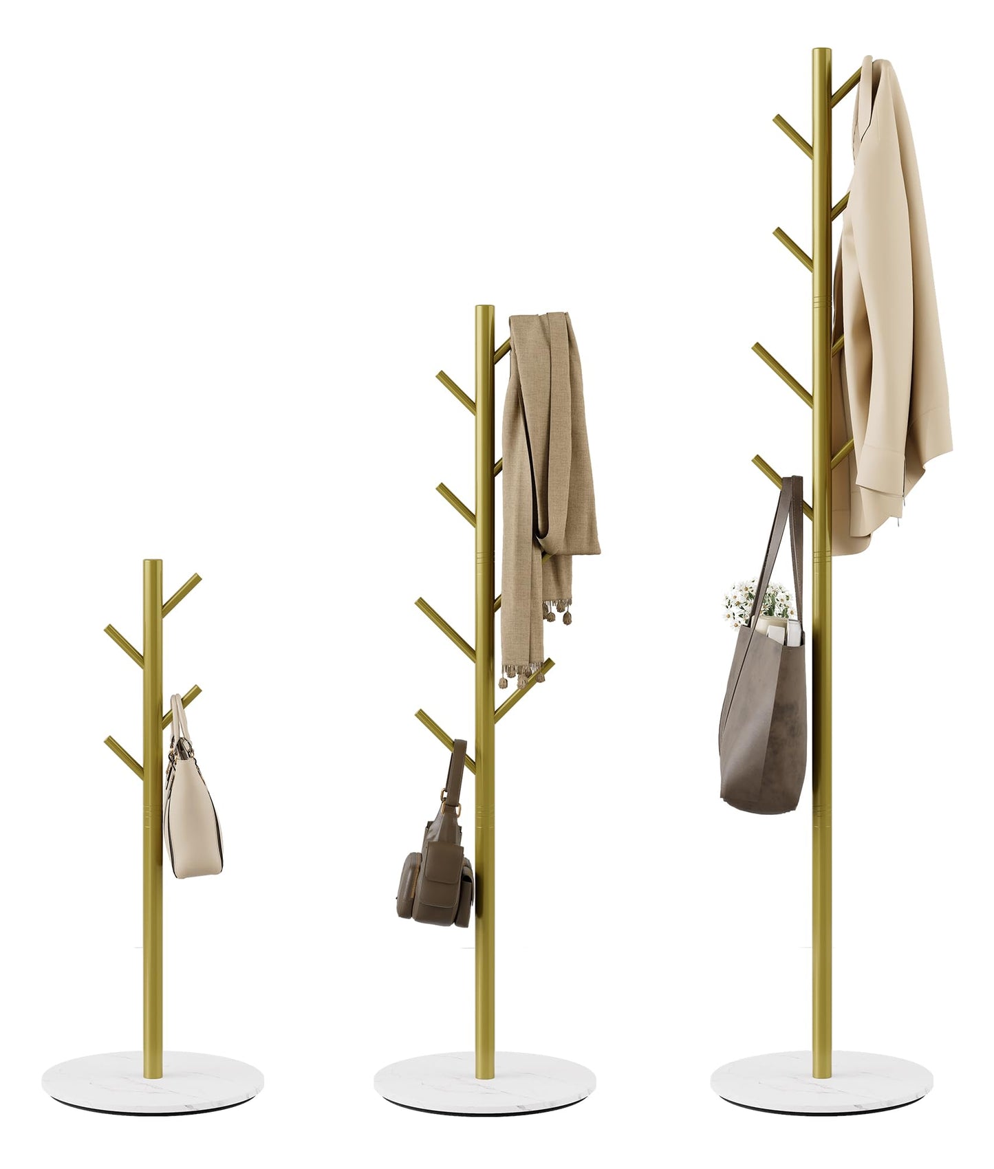 Tujurich Coat Rack with 8 Hooks, 3 Adjustable Heights, Modern Hall Tree, Sturdy Metal Clothes Stand with Sintered Stone Base for Entryway, Office, Bedroom, for Coats, Hats, Handbags and Scarves, Gold