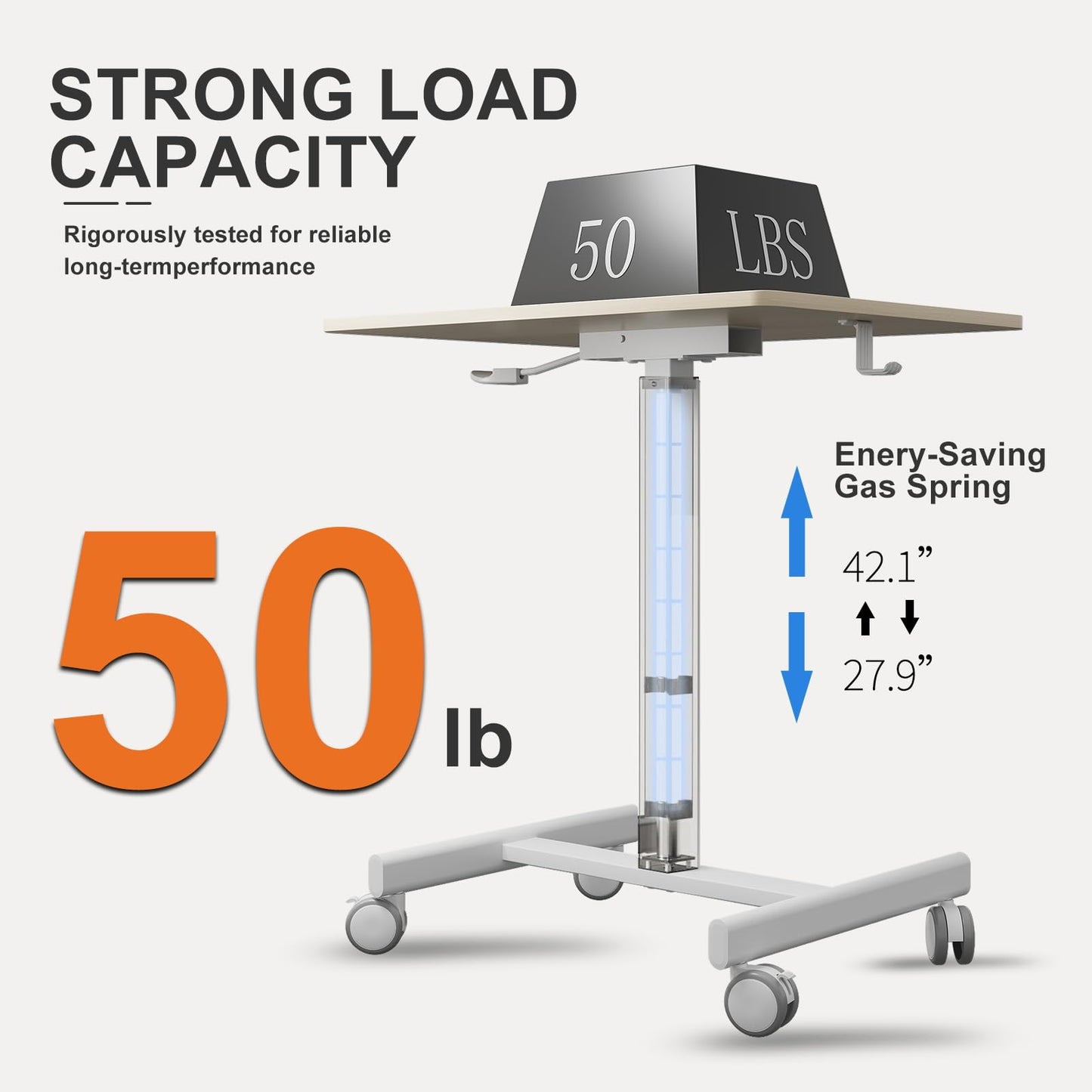 Gamork 18.9*25.6 inch Mobile Standing Desk,T Shaped Pneumatic Adjustable Height Stand Up Desk,with Lockable Wheels,Ergonomic Standing Side Table for Home Office Work Computer Workstation MAPLE+WHITE