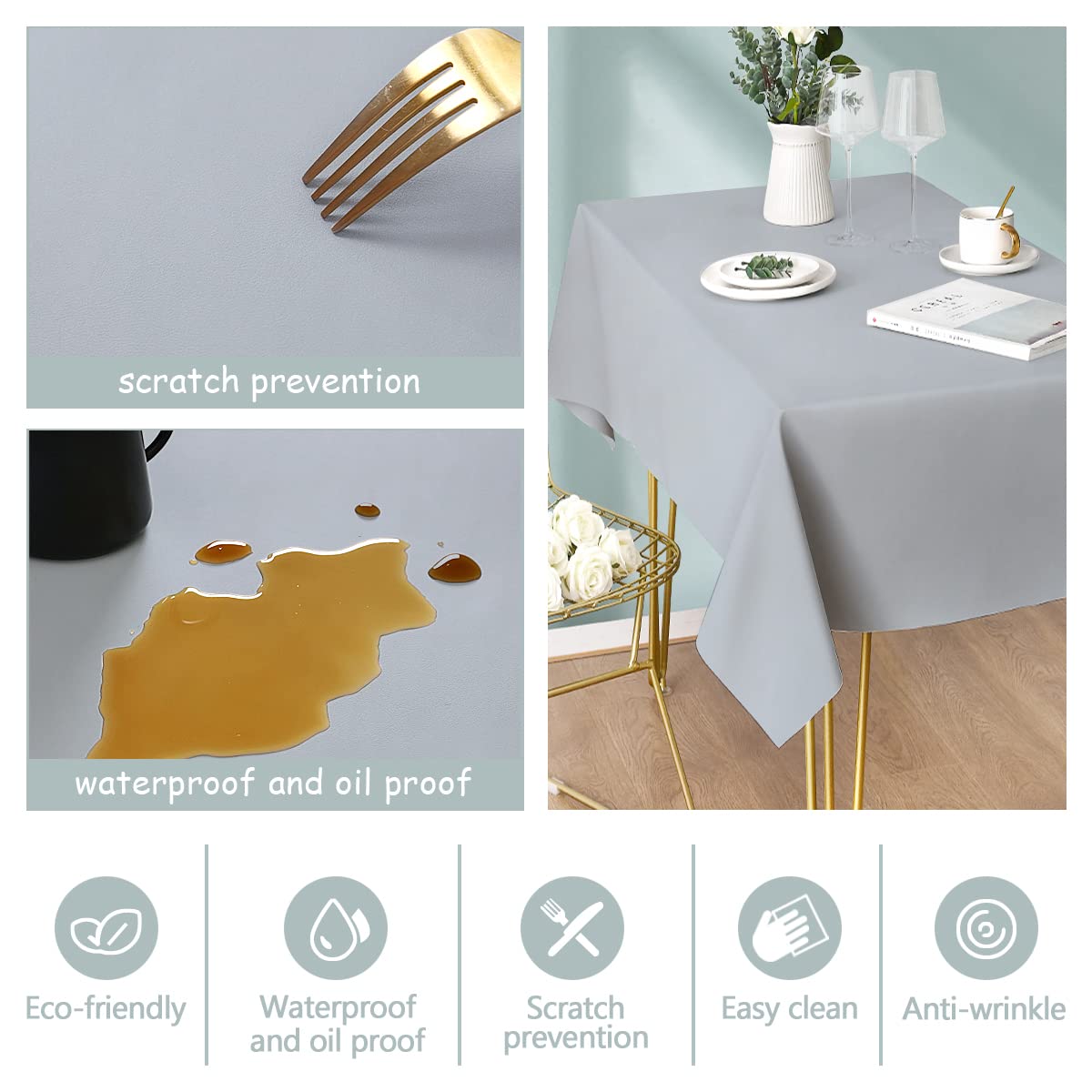 Aijoviko Grey 54"x84" Rectangular Faux Leather Tablecloth for Dining Table, Parties, Picnics, Outdoor Events