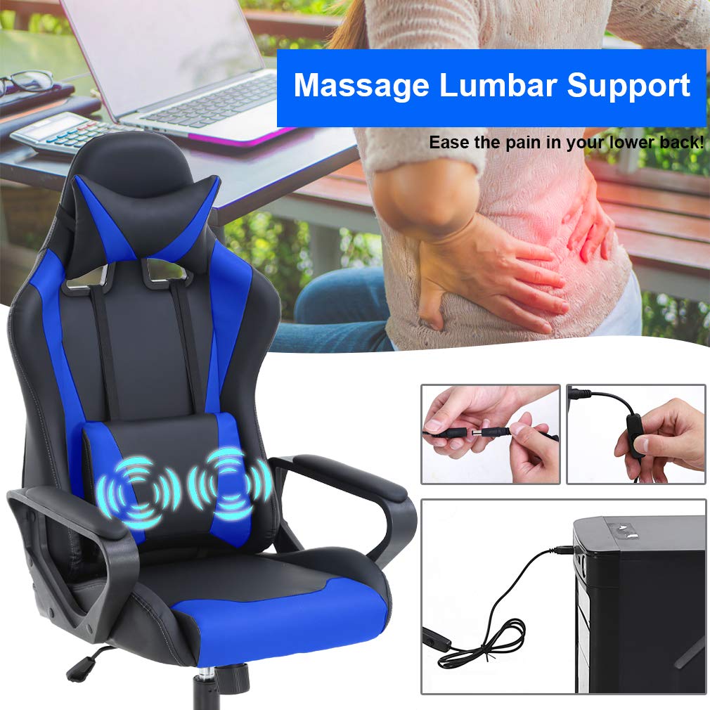 BestOffice PC Gaming Chair Massage Office Chair Adjustable Desk Chair High Back PU Leather Executive Rolling Racing Computer Chair with Lumbar Support Headrest Armrest Swivel Task Chair(Blue)