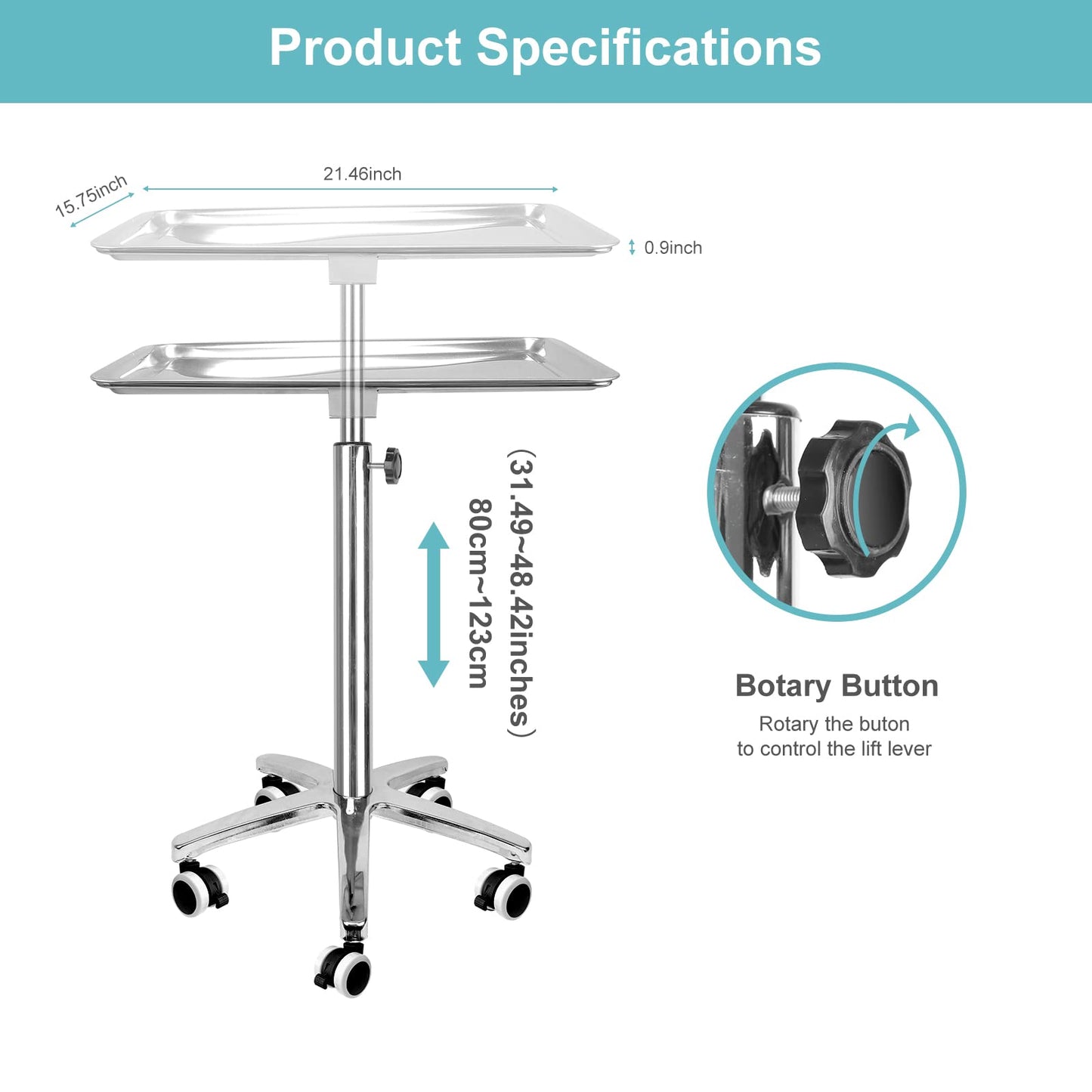 Konmee Premium Extra Large Salon Tray Medical Tray Mayo Stand with Brake Wheels