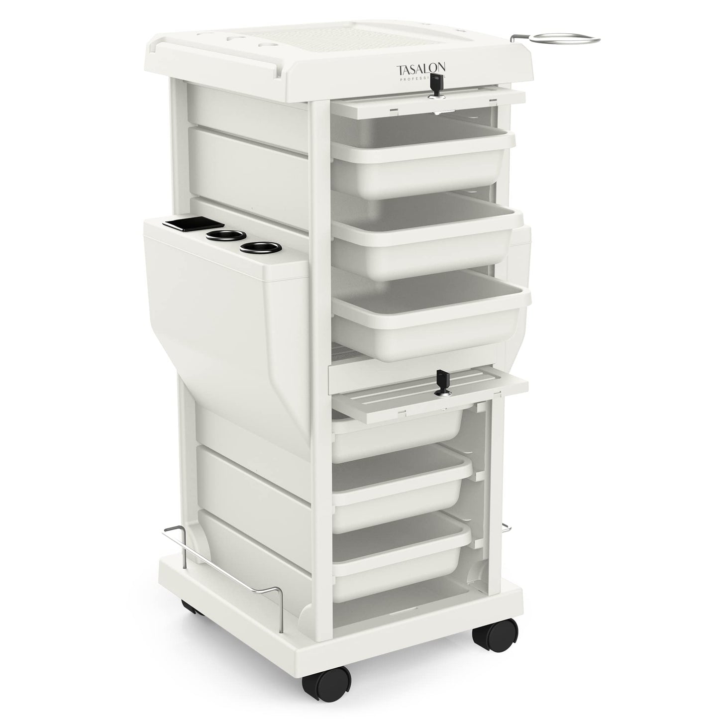 TASALON Salon Trolley Cart with Lock, 6 Lockable Trays + 2 Holders, Rolling Storage Cart for Hair Salon, Beauty, Barber Station - White