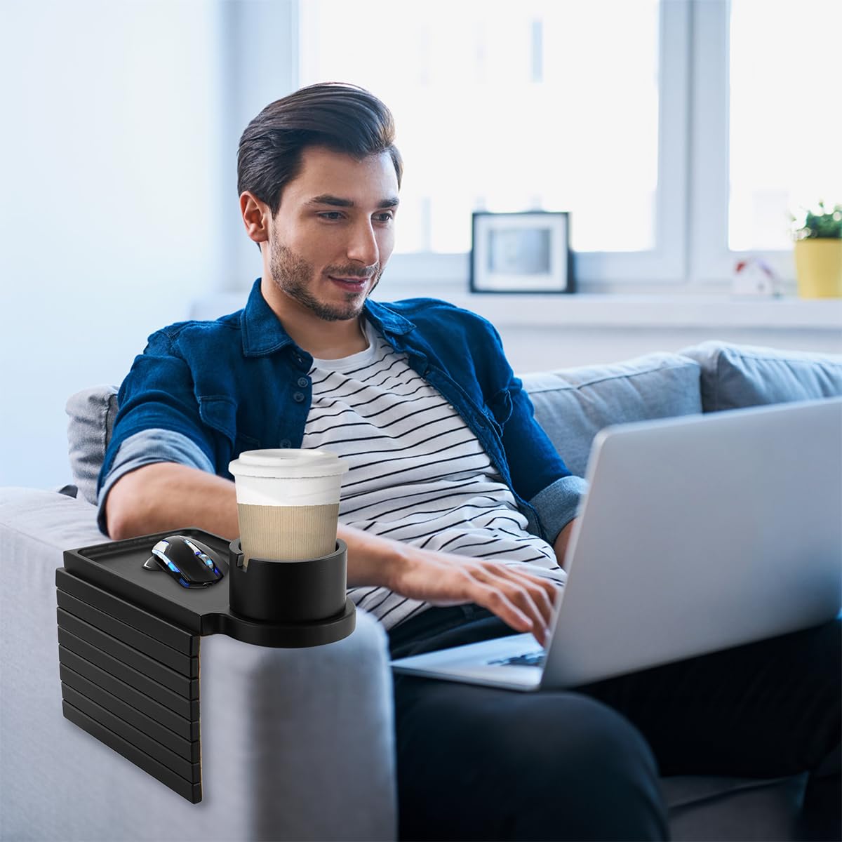 aisongdong Couch Cup Holder Tray - 3 in 1 Sofa Arm Tray with 360° Rotating Cup Holder & Phone Stand,Fits Various Couches Arm Widths - Anti-Slip Foldable Couch Arm Tray for Snacks, Cellphone Remote