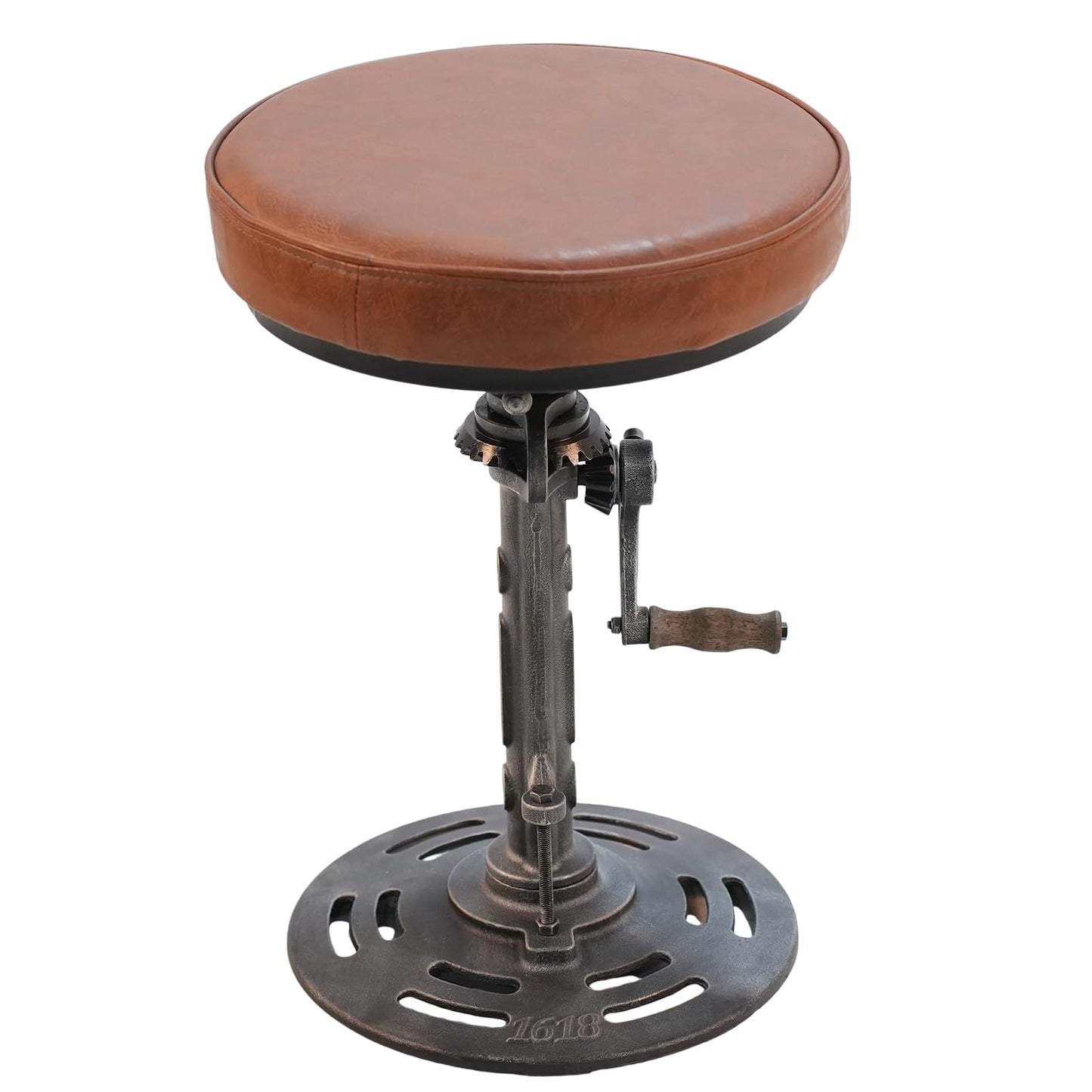 LOKKHAN American Antique Steampunk Deco Vintage Industrial Bar Cafe Stool, Retro Stylish Cast Iron Base Swivel Round Leather Top, Easily Adjusts by Crank Handle