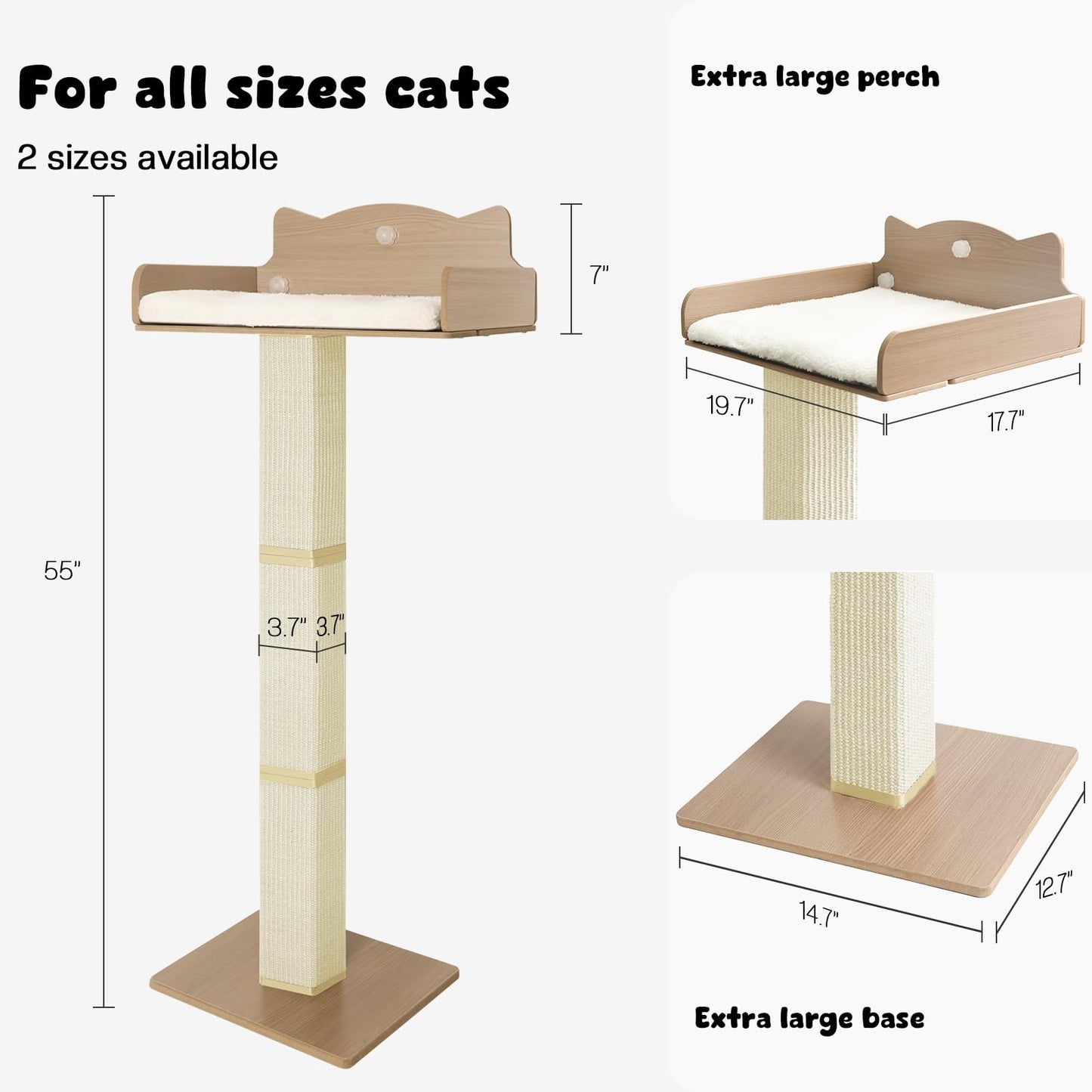 Cat Window Perch with Thick Sisal Scratching Post, Cats Hammock for Window with 3 Upgrade Suction Cups, 55" Adjustable Tall Cat Scratching Post with Large Perch, Cats Window Bed with Fluffy Cushion