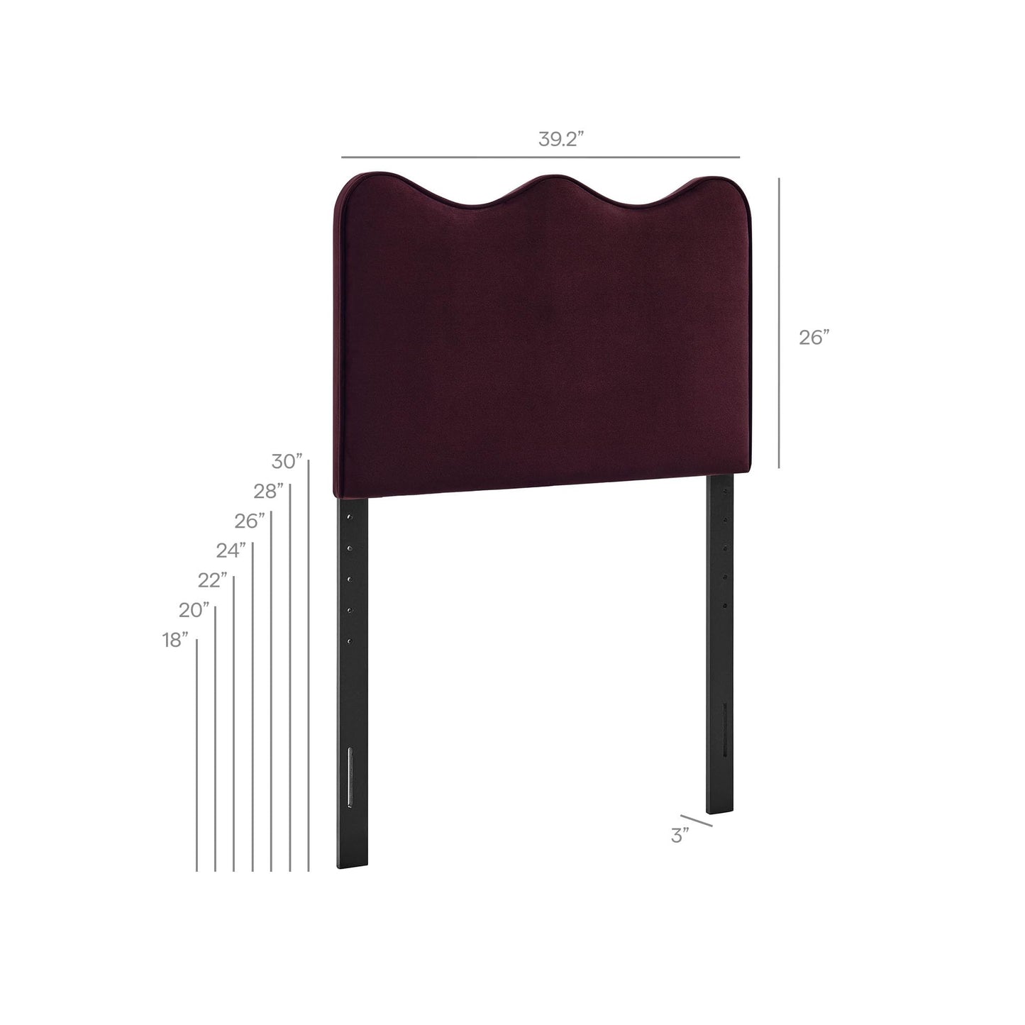 Monday Athena Twin Size Performance Velvet Adjustable Headboard in Mulberry - with Scalloped Wave Design and Stain-Resistant Velvet Upholstery