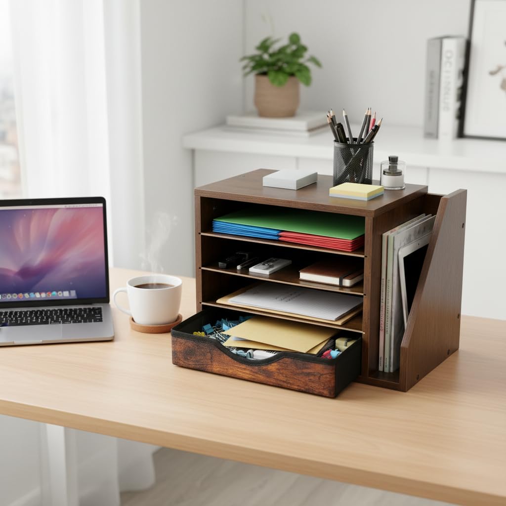 Gphudpzdl Wooden Desk Organizer with Drawers, 4 Tier Office Organizer and Accessories, Paper File Mail Organizer, Brown