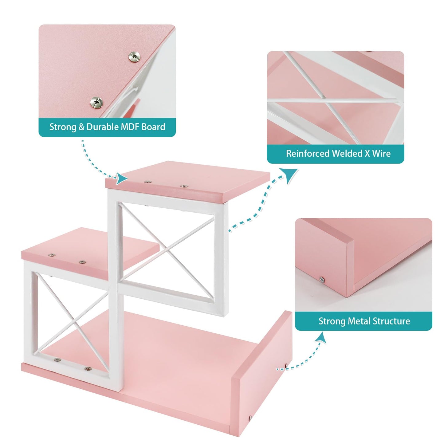 Jolitac Wood Desktop Shelf, Desktop Organizer Office Storage Rack Adjustable Wood Display Shelf 3 Tier Storage Display Rack Office Decor Stand Shelves with Metal Frame (Pink)