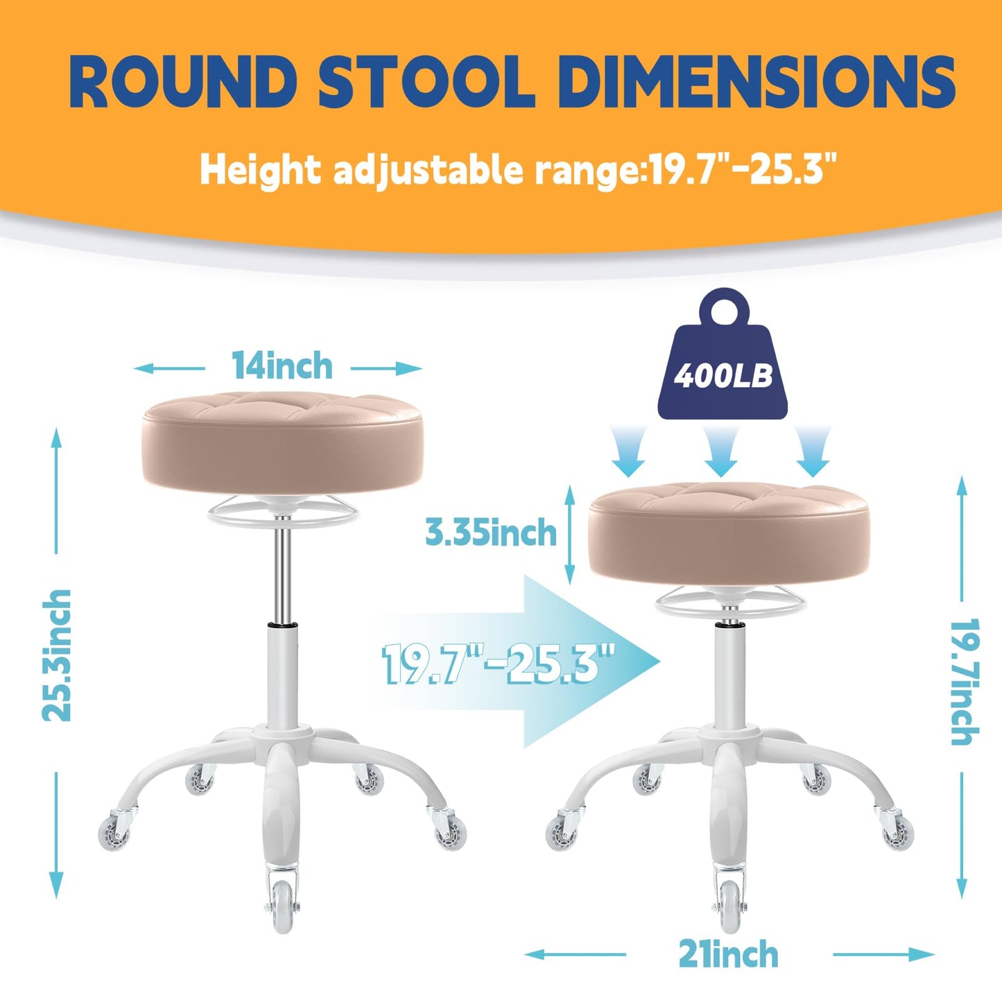Rolling Stool Heavy Duty 400lb: Super Soft Seat Cushion,360° Swive,Height Adjustability,No Squeaky Noises,No Tip Over,New Upgraded stool Salon Stool Chair, Tattoo Facial Massage Spa Medical(Beige)