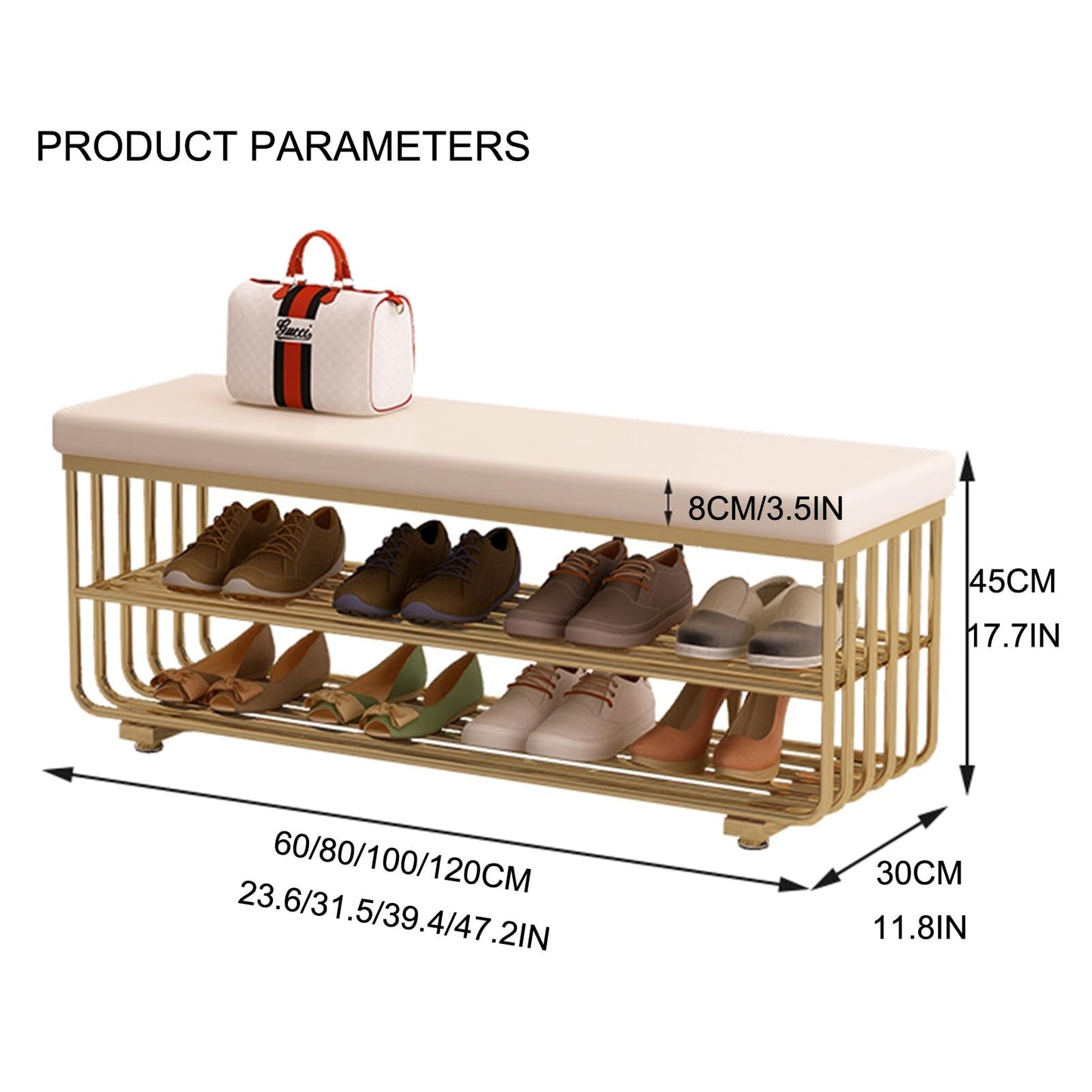 HARELA Shoe Bench with Cushioned Seat, PU Faux Leather Bench with Metal Base, Entryway Shoe Bench with Storage, Elegant Footstool for Entrance Living Room Cloakroom(Gold C,60cm/23.6in)