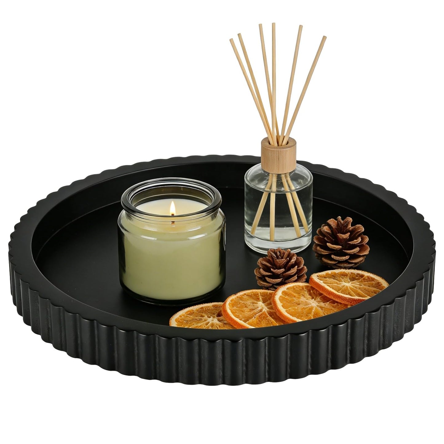 Coffee Table Tray, 11" Black Handcrafted Wood Serving Tray for Table Decor, Round Elegant Wavy Edge Decorative Serving Tray Office Desk Tray