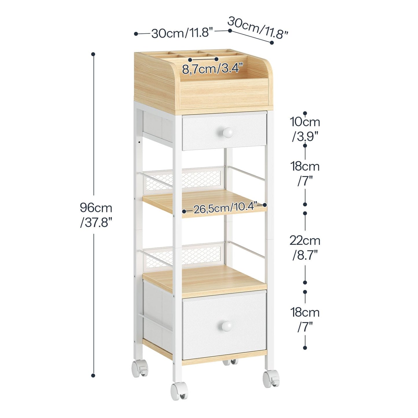 HOOBRO Makeup Organizer Cart with Fabric Drawers, Mobile Makeup Storage with Swivel Casters and Leveling Feet, Cosmetics Display Holder for Bathroom and Bedroom Vanity, White and Natural WN20TC04