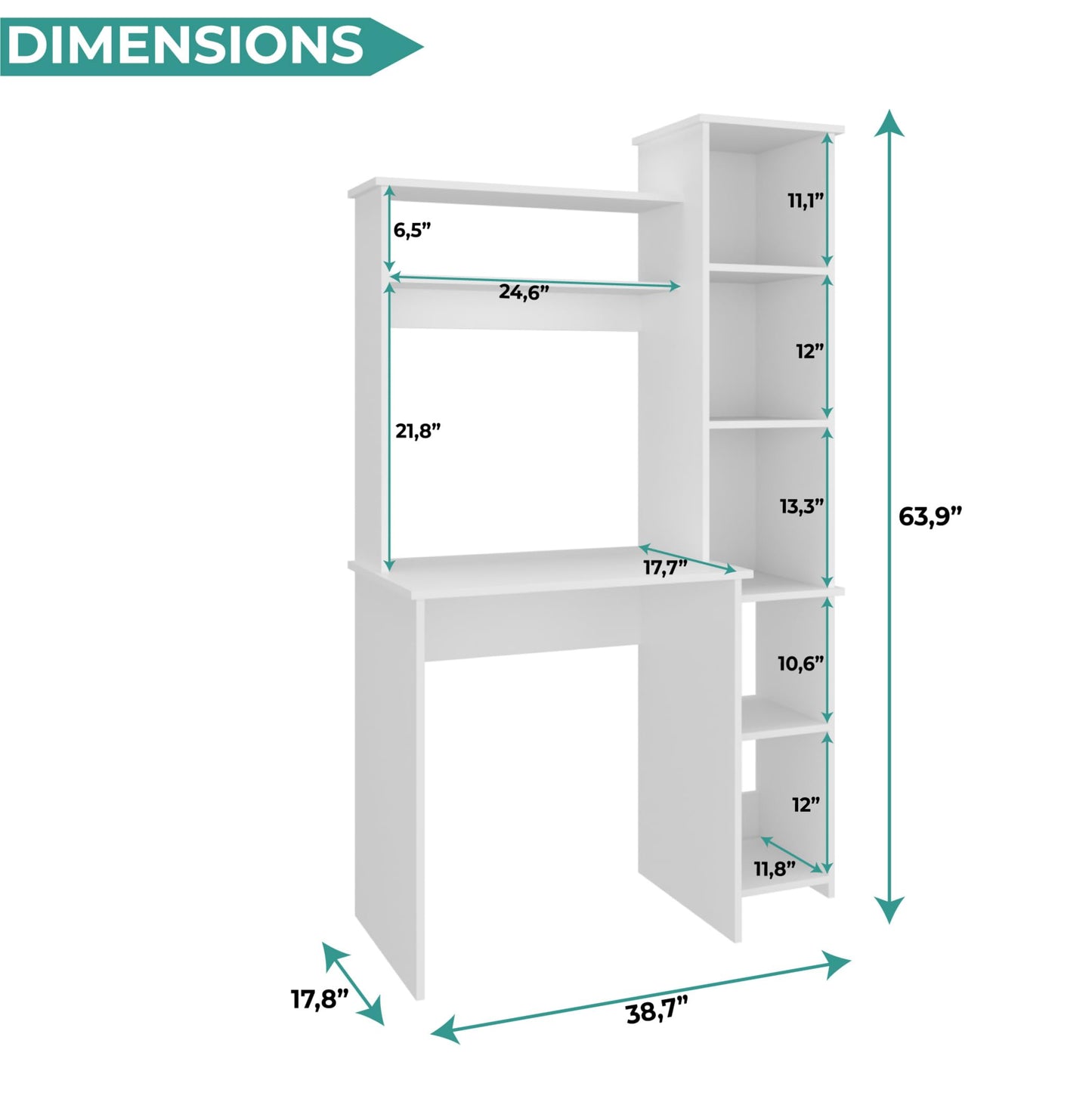 Tuhome Versalles Writing Desk with Two Superior Shelves, Five Side Open Storage Compartments, Space-Saving Modern Workstation Design for Studios and Offices, Ideal for Organization, Books