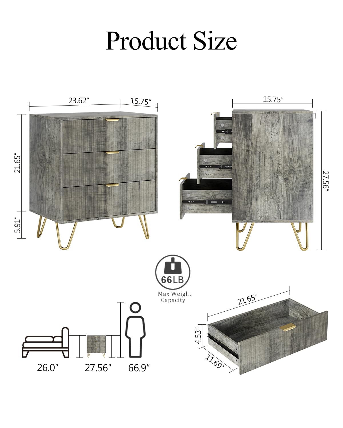 AEPOALUA Grey Dresser for Bedroom, Modern Fluted 3 Drawer Dresser with Storage, Dresser Chest of Drawers with Gold Handles for Bedroom, Living Room, Closet, Hallway, 15.8" D x 23.6" W x 27.6" H