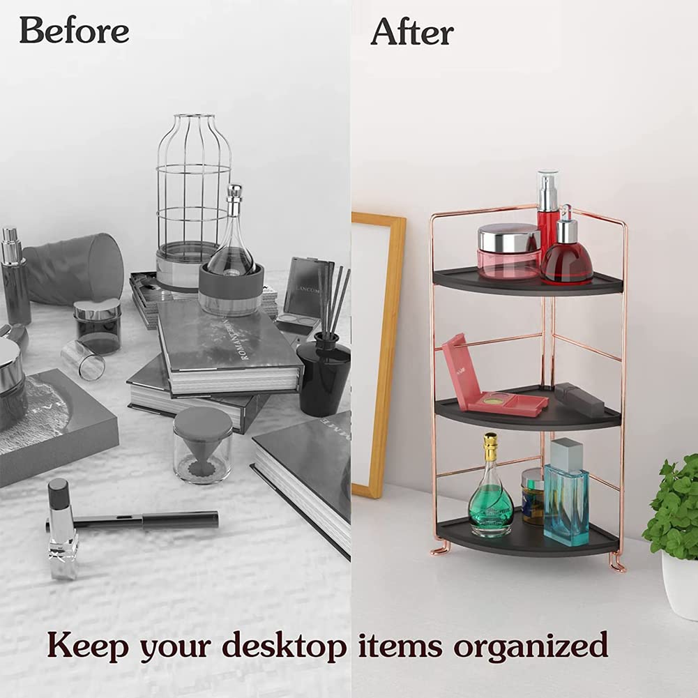 3-Tier Bathroom Countertop Organizer, Vanity Tray Cosmetic & Makeup Storage, Kitchen Spice Rack Standing Shelf, Corner Storage Shelf, Black & Rose Gold