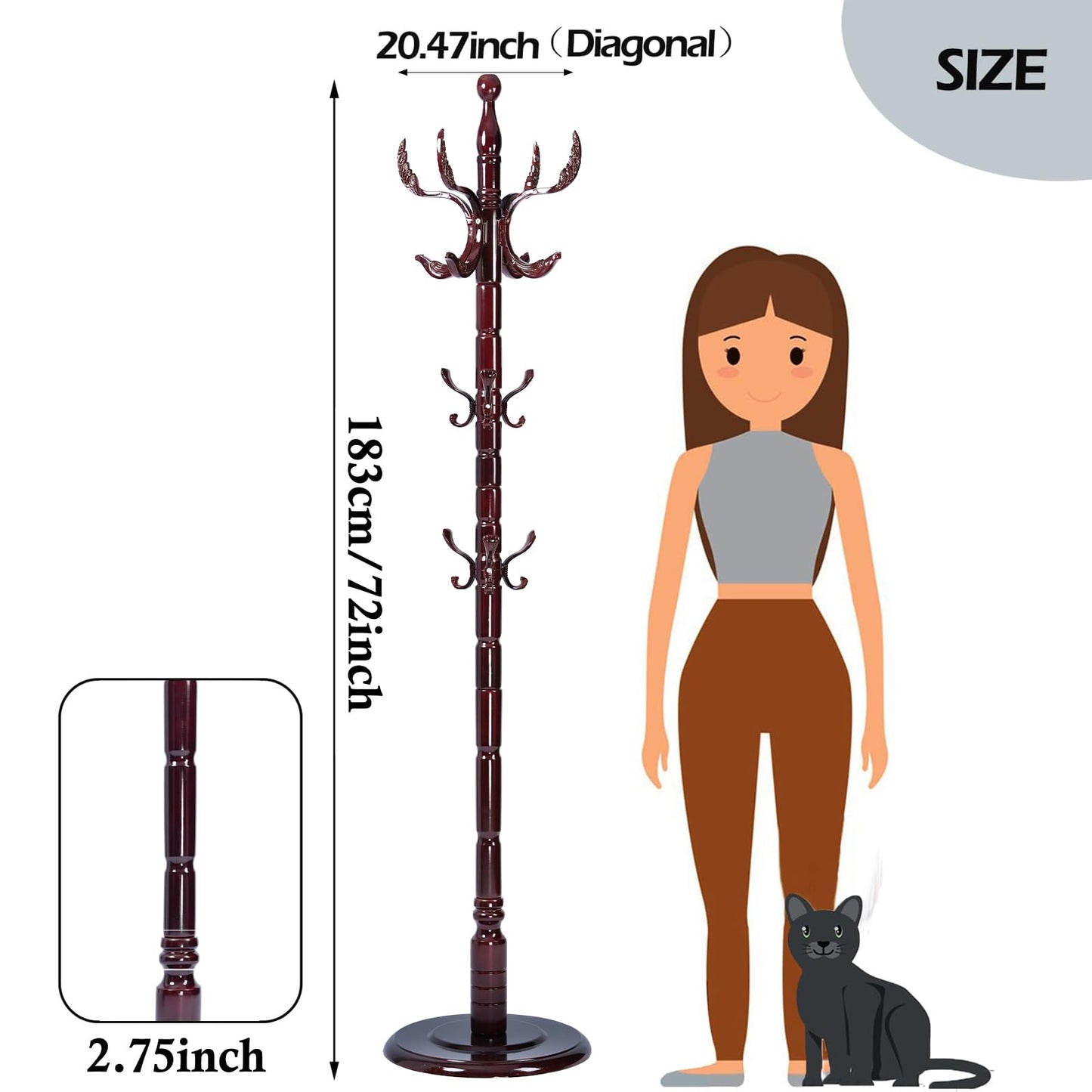 Sauqzoh Coat Racks Free Standing with 14 Hooks, Natural Wood Coat Stands for Entryway, Adjustable Height 72 in Tree Coat Rack Stand for Hallway Home Office Bedroom (Mahogany Phoenix)