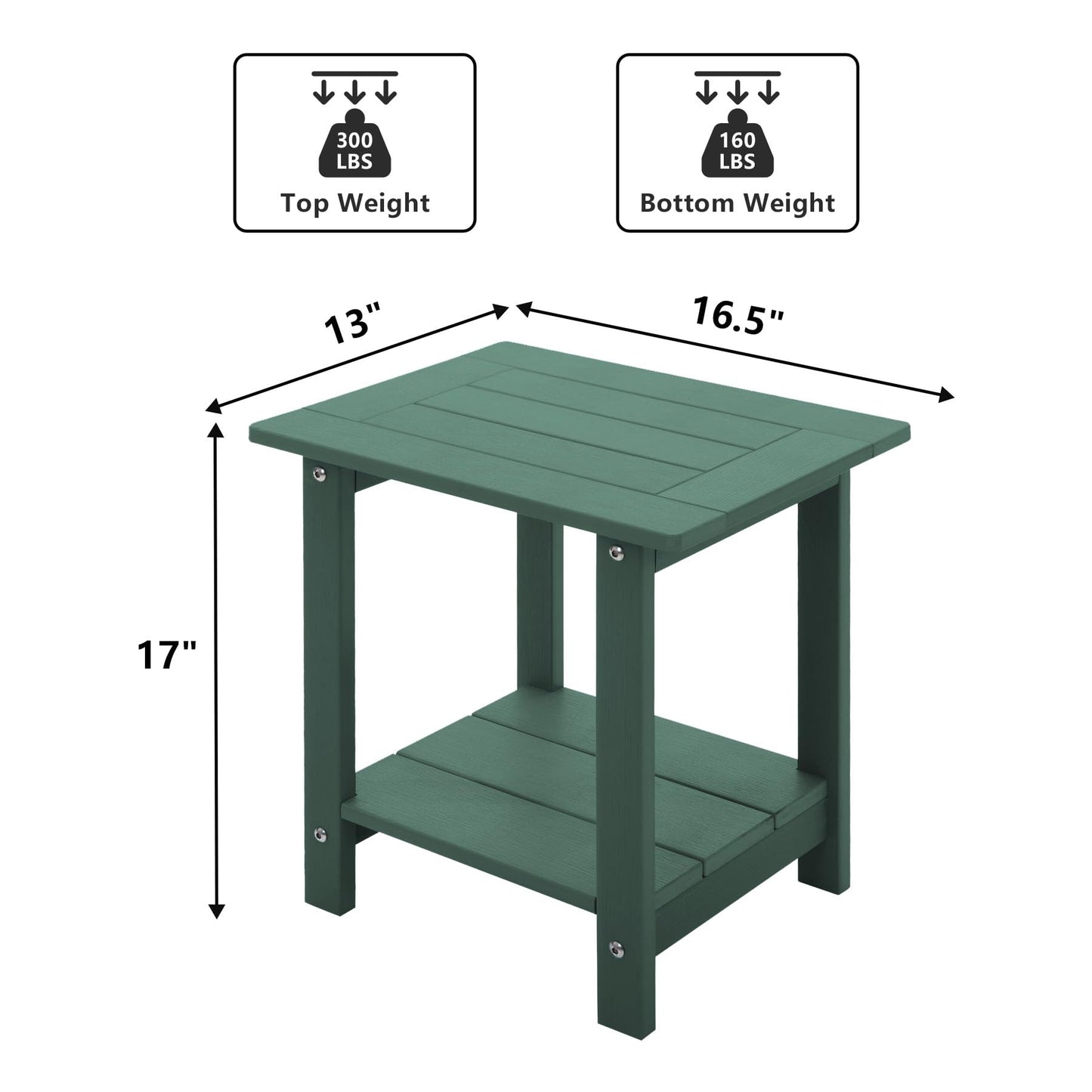 Meluvici Double Adirondack Side Table Weather Resistant, Outdoor Rectangular End Table for Adirondack Chair, Dark Green