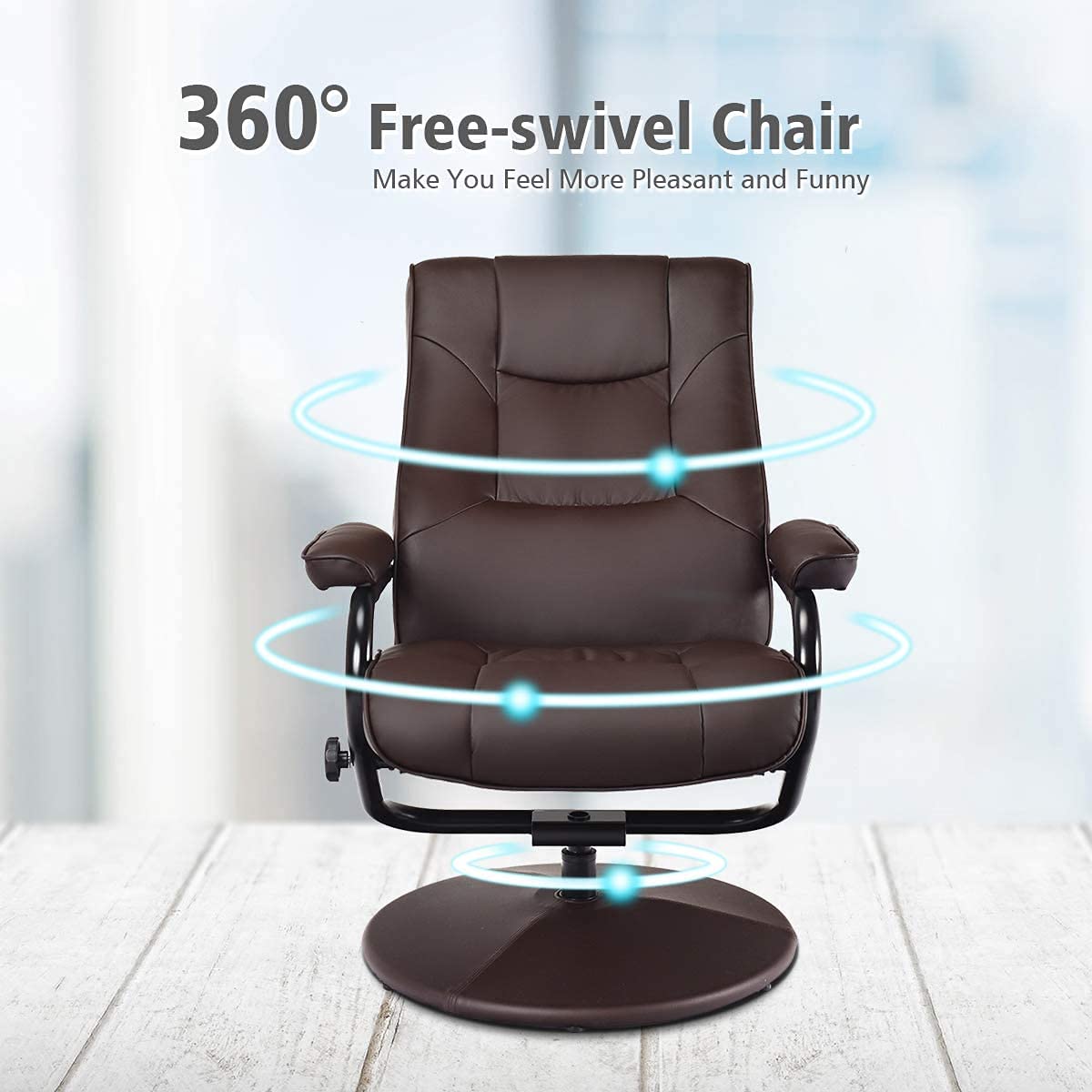 WATERJOY Swivel Recliner Chair, PU Leather Lounge Armchair Recliner, 360 Degree Swivel Overstuffed Padded Seat Chair with Footrest Stool Ottoman Set for Office Living Room Brown