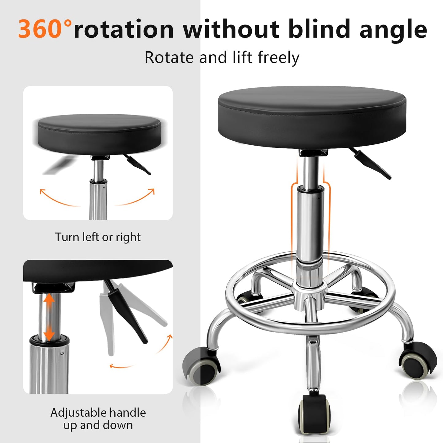 DENGTELI PU Leather Rolling Stool with Foot Rest Round Height Adjustment Swivel Spa Drafting Salon Tattoo Work Office Massage Vanity Stools Task Chair (Black)