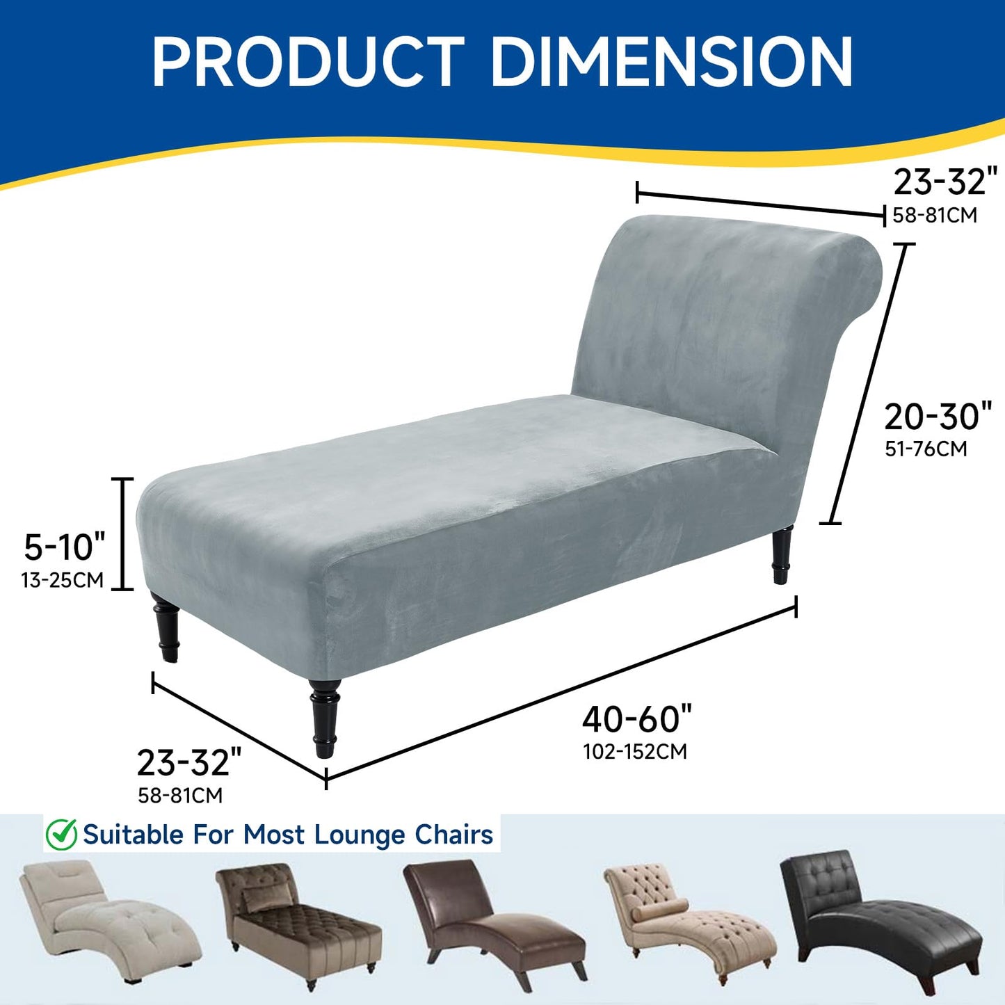 Velvet Chaise Lounge Cover Indoor Armless Chaise Slipcover Luxury High Stretch Ultra Soft Lounge Chair Covers Modern Machine Washable Chair Cover for Living Room Bedroom Furniture, Light Grey